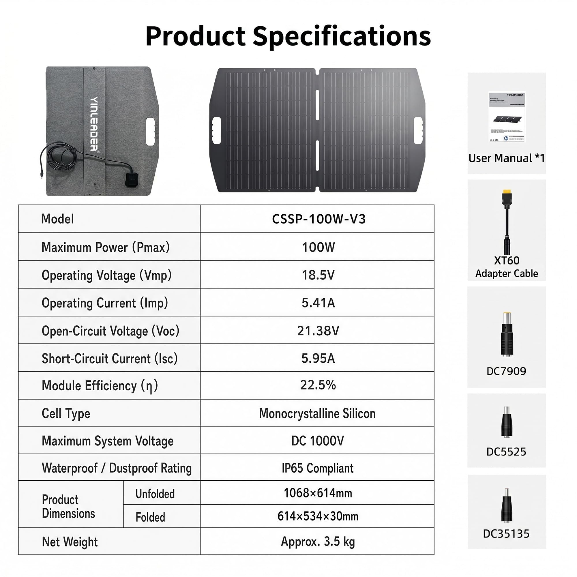 Yinleader Panneau Solaire Portable 100W 22.5% Monocristallin Pliable avec 4 Connecteurs (DC7909/DC5525/DC35135/XT60) IP65 pour Station Électrique Camping-Car