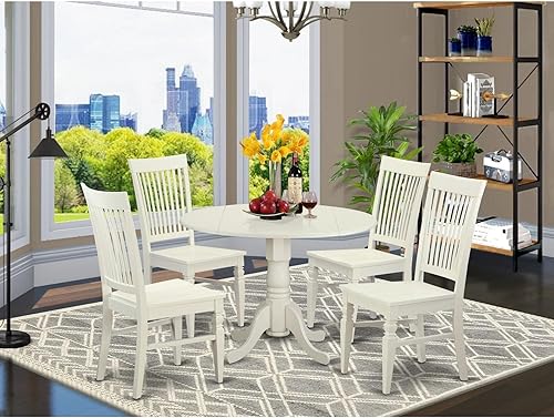 Miniatura 6 de East West Furniture DLWE5-WHI-W - Juego de mesa de comedor de 5 piezas para 4 personas, incluye una mesa de cocina redonda con gotas y 4 sillas de