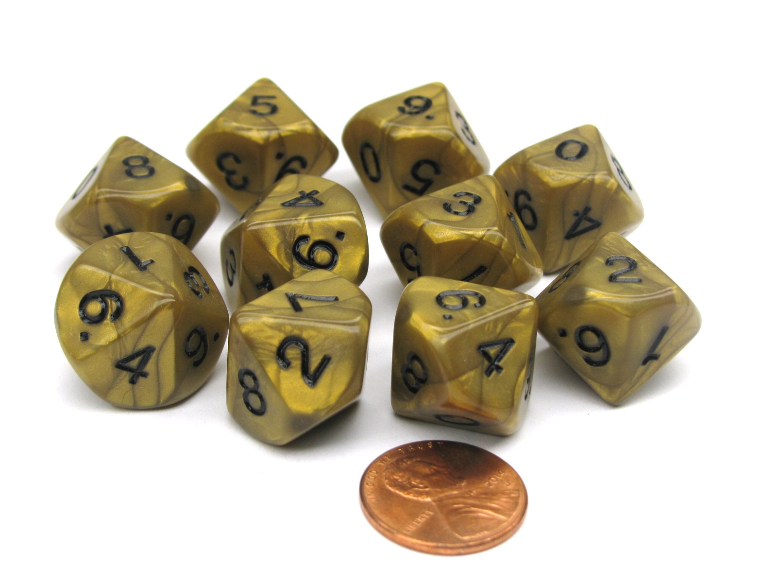 Koplow Games Set of 10 D10 16mm Olympic Pearlized Dice - Gold with Black Numbers