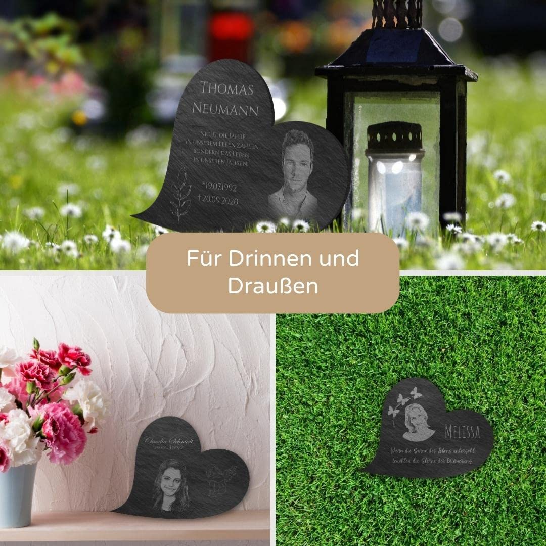 Grabstein Herz aus Schiefer mit Gravur - kleine Grabplatte in Herzform mit Foto & vielen Motiven - ab 18x13 cm - Grabdeko wetterfest imprägniert für Urnengrab - personalisierter Grabschmuck