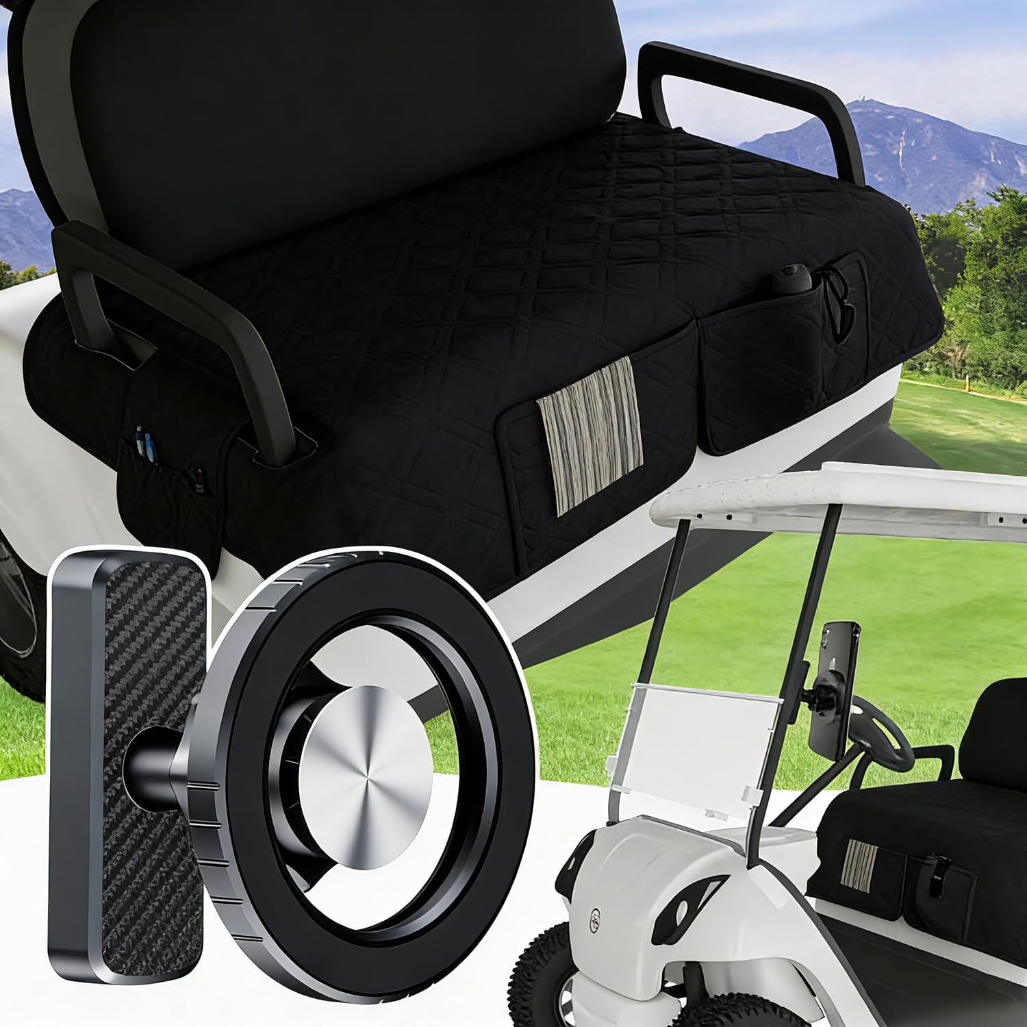 Photo 1 of ** MISSING PHONE HOLDER ** Eolzzi Golf Cart Seat Cover & Phone Holder Set, 360° Magnetic Mount for Club Car, Waterproof Seat Cover with 3 Pockets, Golf Accessories Gifts for Men Dad, Black
