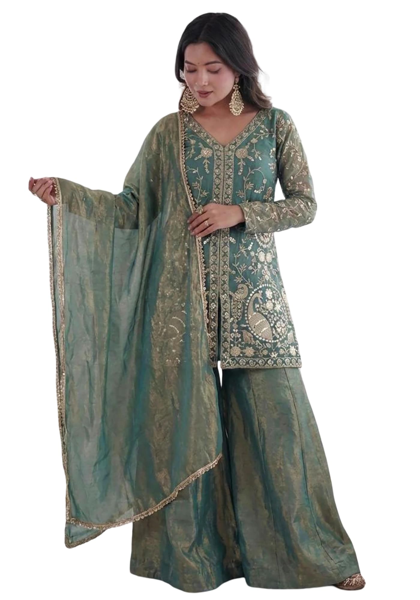 kedarfab Women's Shimmer Silk Sequins Embroidered Kurta Palazzo with Dupatta Set-picture-25