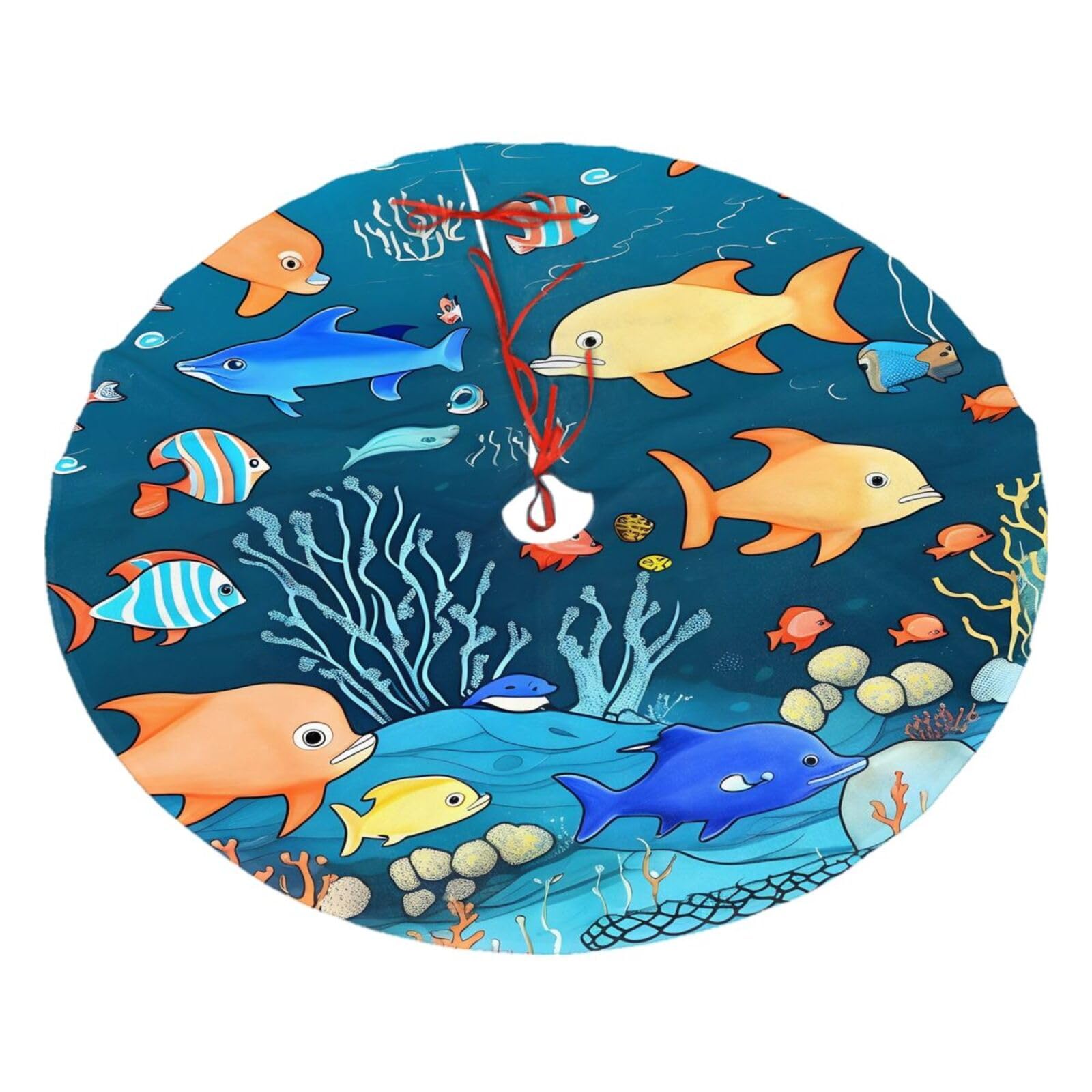 Blue Underwater World of Fish Printed Christmas Tree Skirt Christmas Plush Tree Skirt 48 inches (About 112.2 cm) Christmas