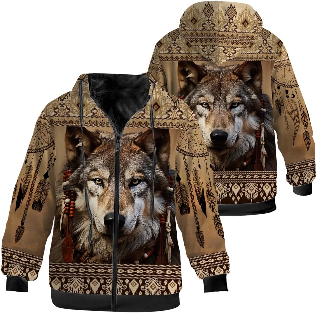 Men's Wolf Fleece Jacket Zip Up Hoodie Sweatshirt Winter Warm Hooded Coat Gifts for Him Her