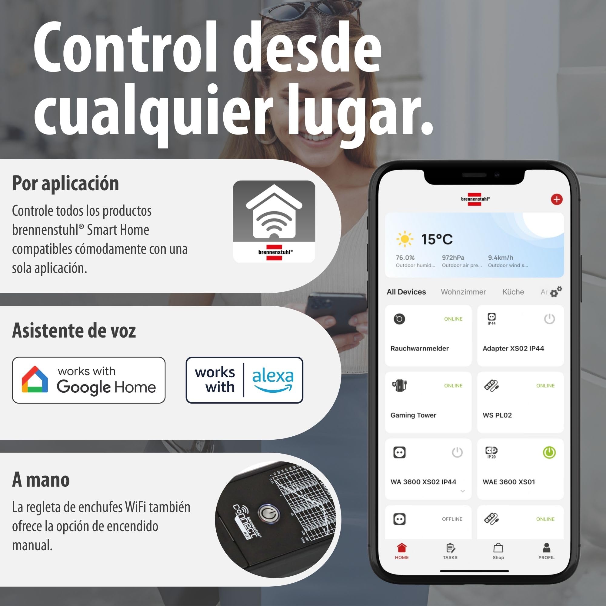 Brennenstuhl Connect Premium-Line Regleta Enchufes WiFi de 6 Tomas con protección Inteligente contra sobretensiones (Amazon Alexa y Google Assistant; App Gratuita; 1.8m; Made in Germany