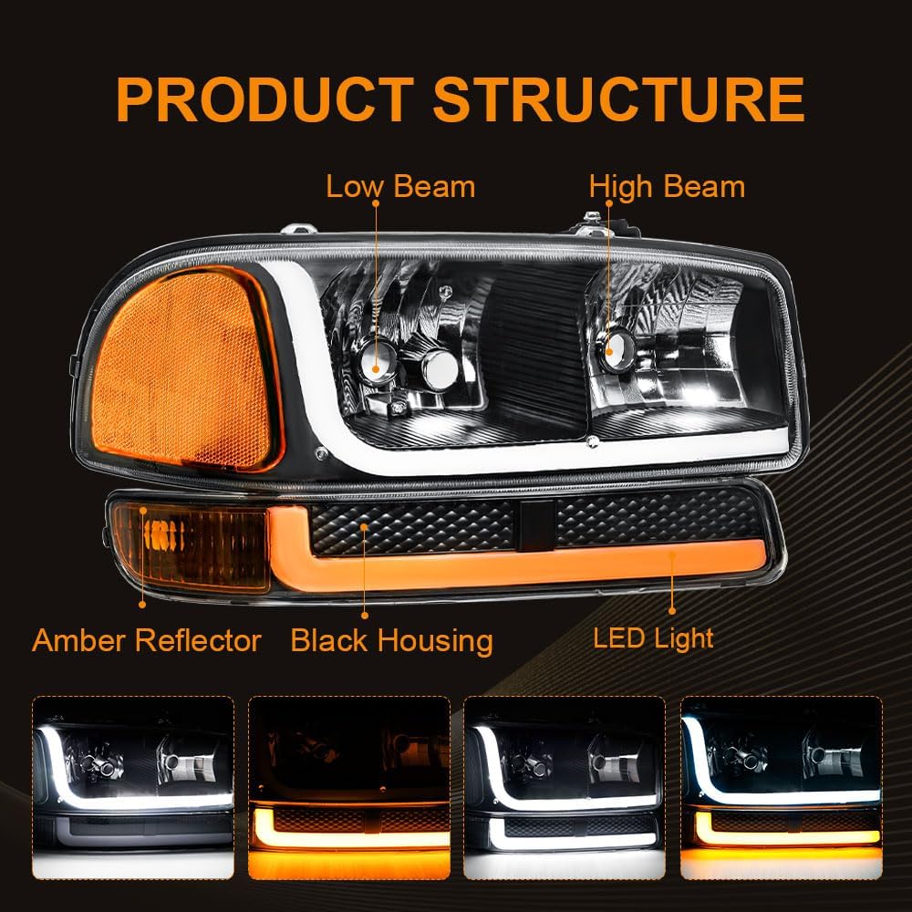 LED DRL Headlight, Headlights Assembly Kit Compatible with 1999-2007 GMC Sierra 1500/2001-2007 GMC Sierra 1500HD 2500HD 3500, Fit 1999-2006 Yukon Headlamp Black Housing Amber Reflector