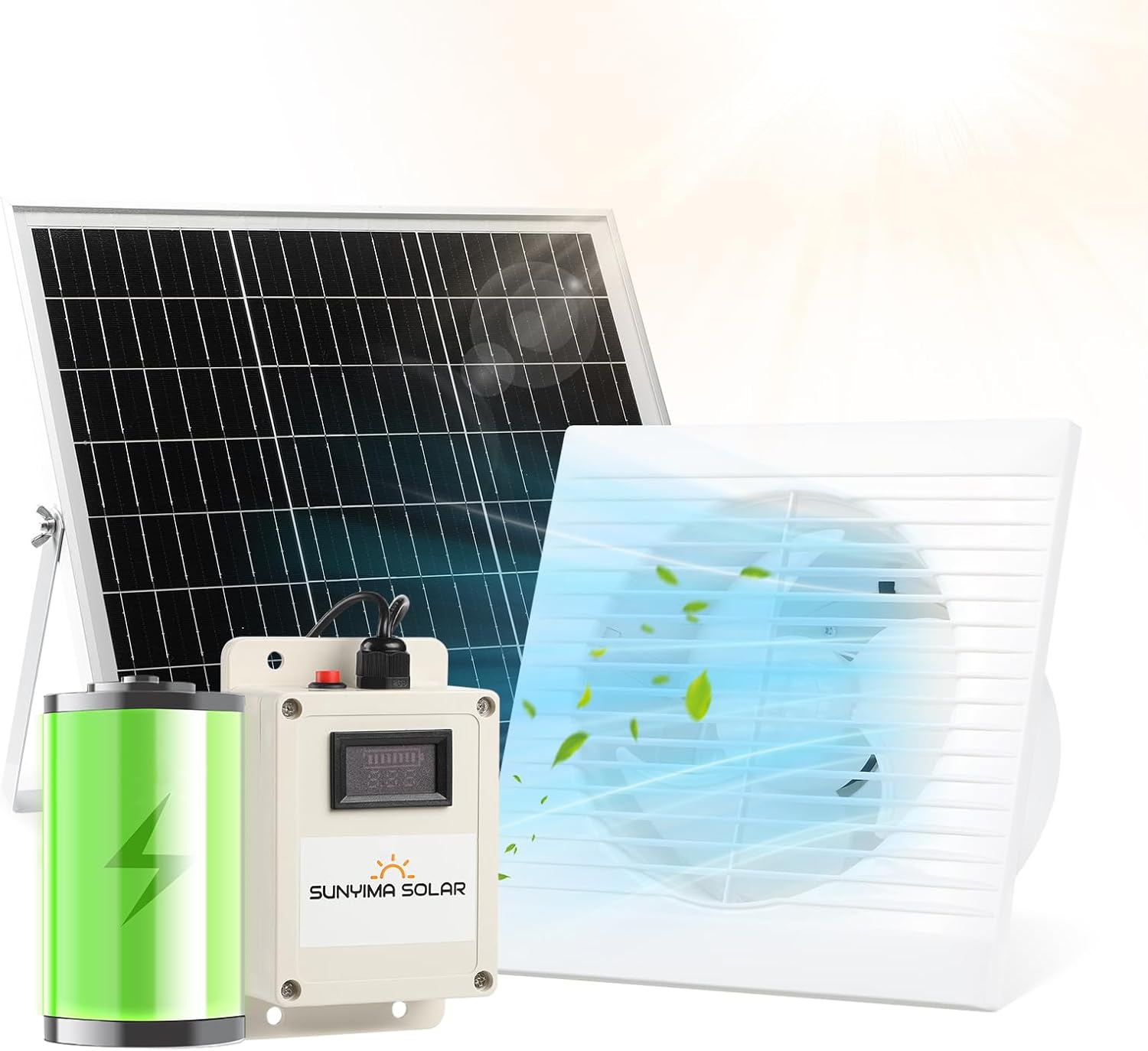 SUNYIMA Solar Powered Fan with Battery,20W Solar Panel Weatherproof+ 8'' Solar Exhaust Fan with 9.84Ft On/Off Cable for Greenhouse Circulation, Chicken Coop, Shed, Pet Houses, Ventilation