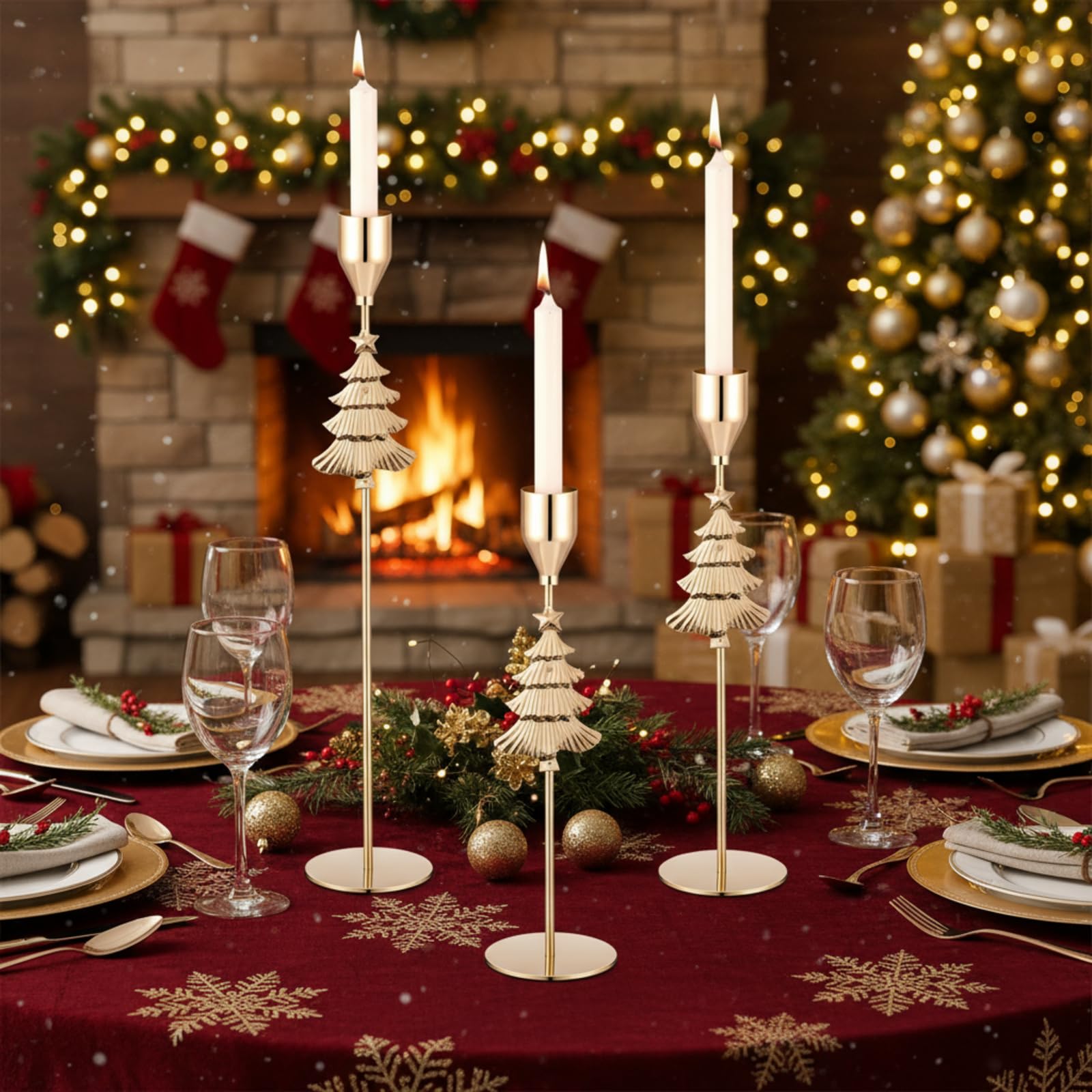 Ziliny 6 portavelas de metal dorado para árbol de Navidad, portavelas alto para Navidad, boda, inauguración de la casa, mesa de repisa, centro de mesa decorativo, 3 tamaños