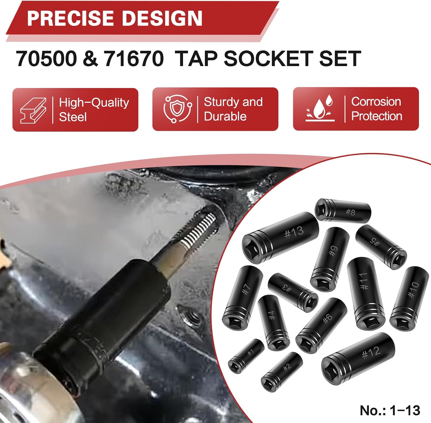 70500 & 71670 Tap Socket Set, 13Pcs Tap Set Socket Wrench Adapter Kit, Standard & Metric Made Sockets, Fits Square Drive Tools, Compatible with All Number and Fractional M.C.T.I. Standard Taps