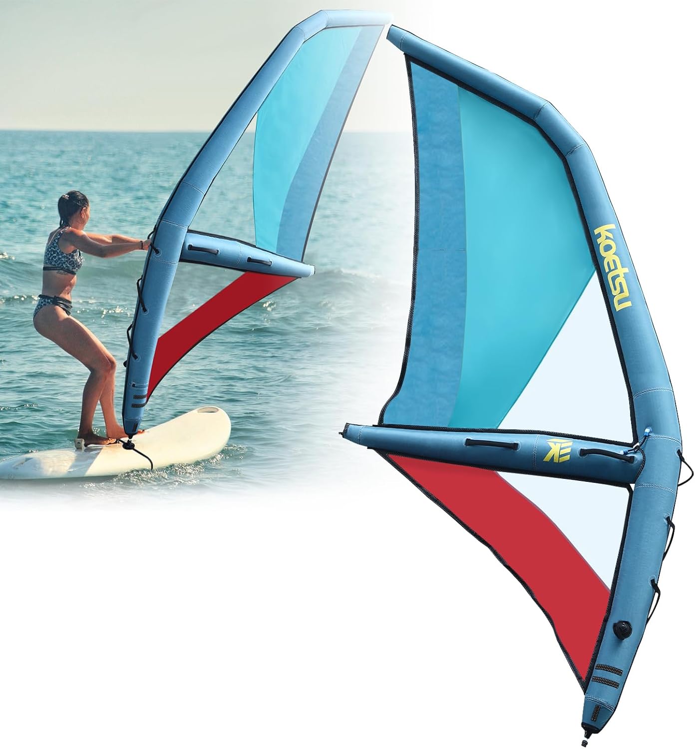 LYNICESHOP Inflatable Windsurf Sail with Pump, 4.2㎡ Portable Wind Surfing Sail with 360° Rotatable Base, Wear-Resistant Oxford Cloth & PVC, for All Skill Levels, with Backpack & Foot Strap, Blue/Red