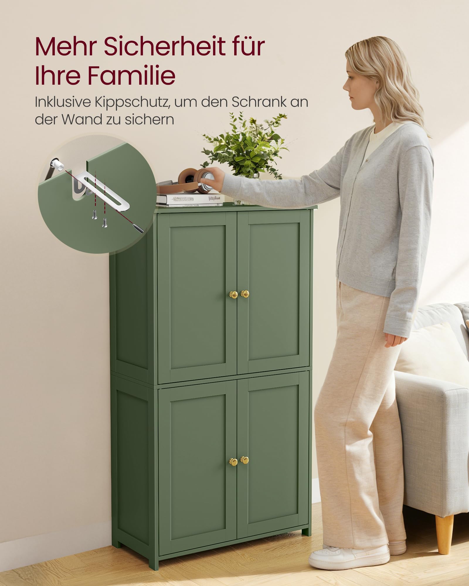 VASAGLE Badezimmerschrank, Badschrank im Shaker-Stil, mit 2 verstellbaren Ablagen, 4 Türen, Schrank für Badezimmer, Hochschrank, für Küche, waldgrün BBC553CH01