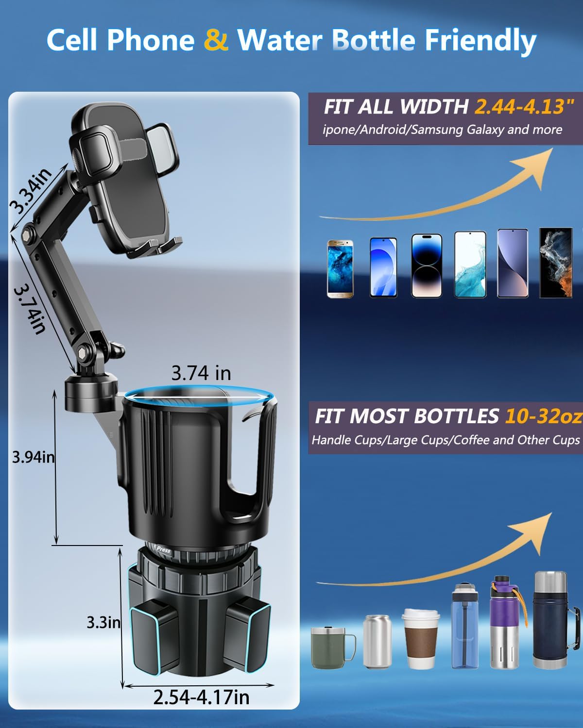 Cup Phone Holder for Car Cup Holder with Expandable Base, Detachable Dual Cellphone Holder Cupholder Car Mount with Long Arm Universal Fit iPhone and Large Bottle, for Truck SUV