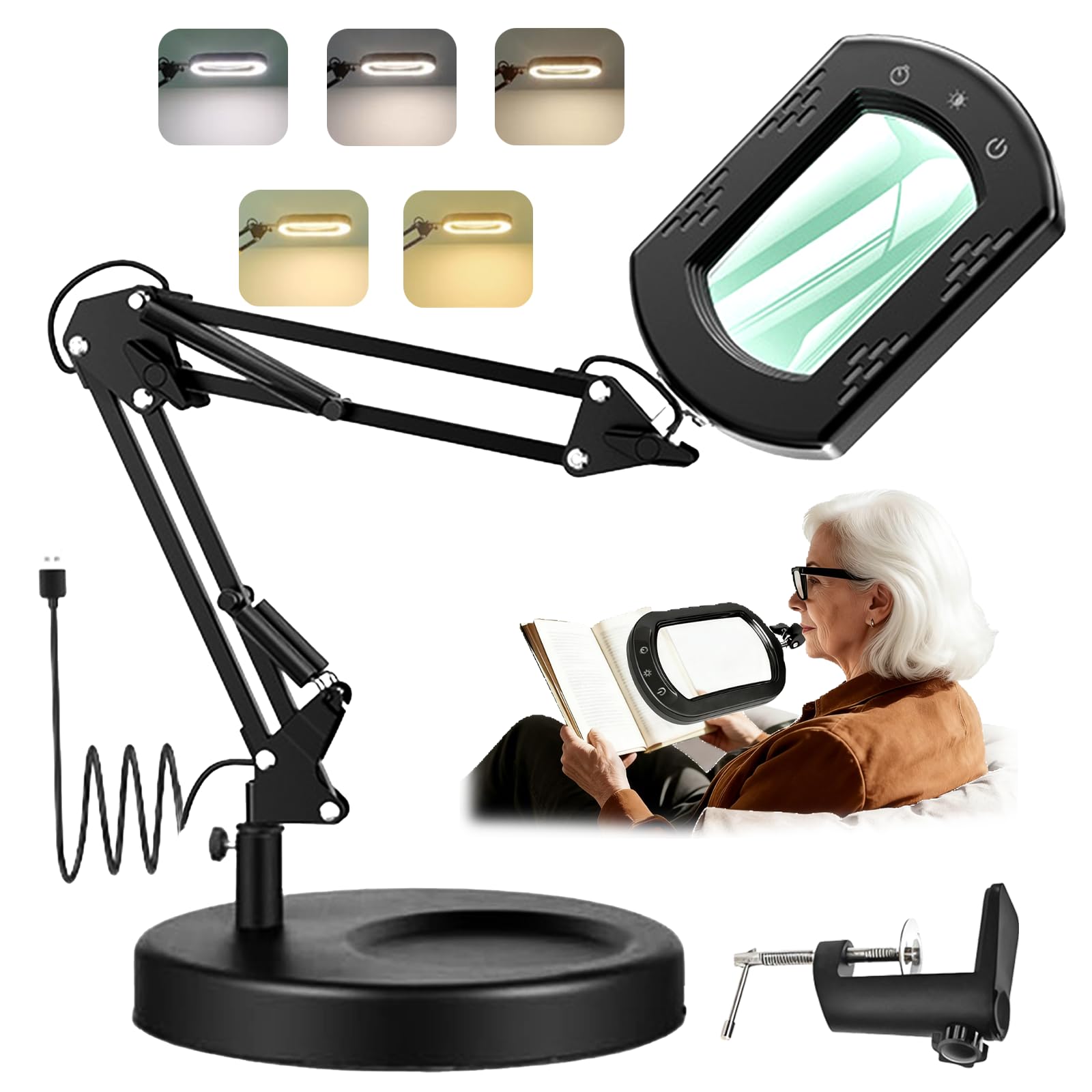 15X Magnifying Glass with Light and Stand,Square LED Desk Lamp for Painting