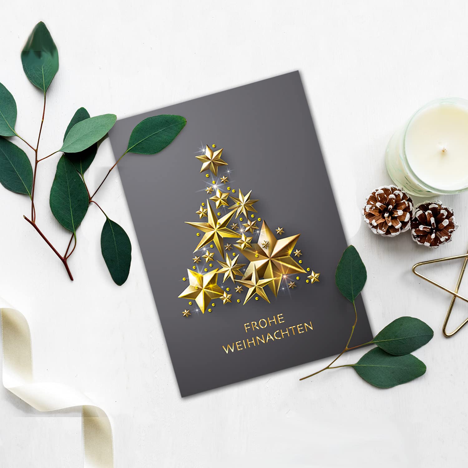 Lot de 100 cartes de Noël XL - Format A5 - Avec sapin de Noël doré - Cartes pliantes avec motif de Noël - 14,8 x 21 cm - Cartes de vœux de Noël pour les entreprises et les particuliers