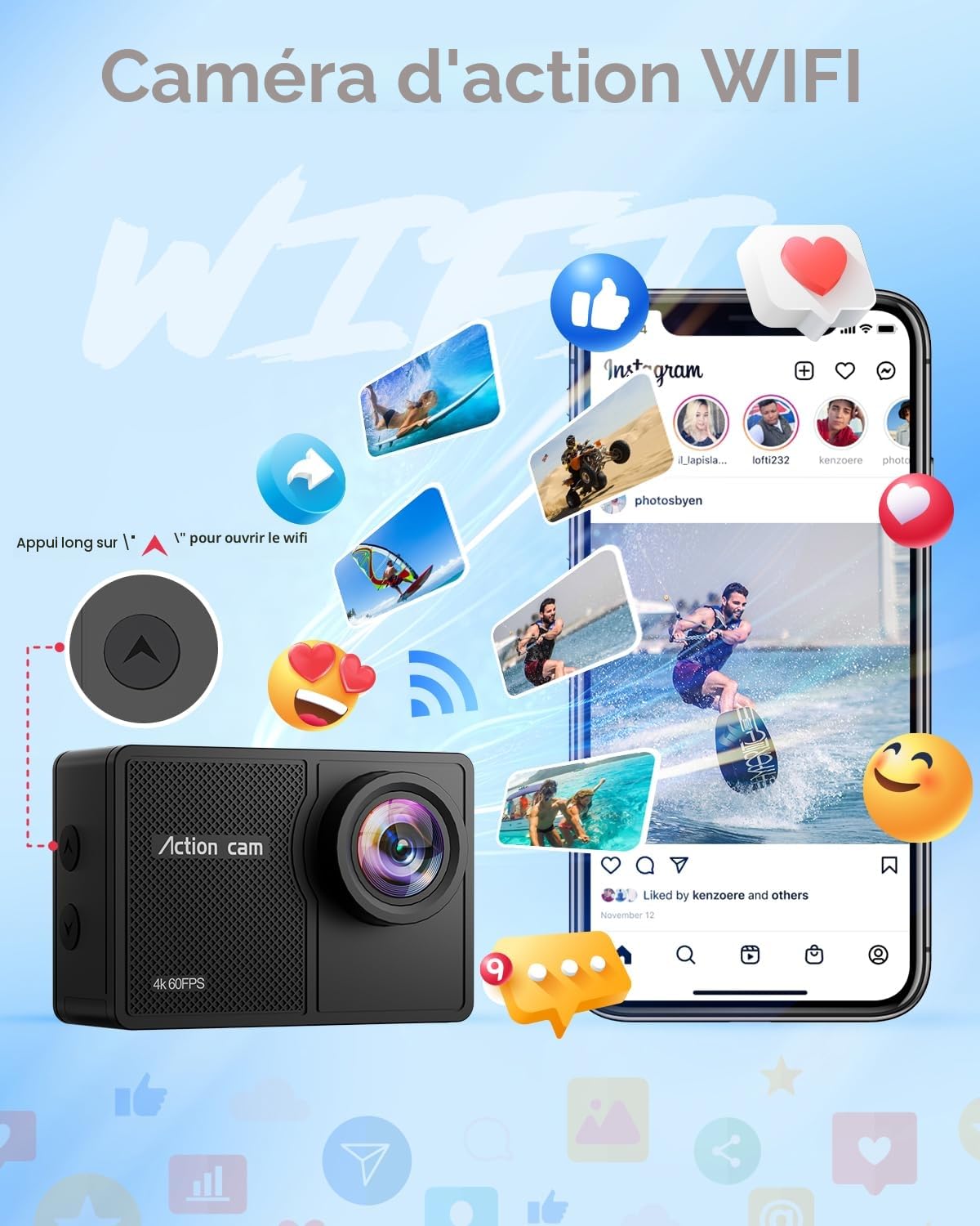 4K60FPS Caméra Sport- Caméra Étanche avec Carte SD 64G 48MP HD WiFi Camera with EIS, Caméras Embarquées with 2 * 1350 mAh Batteries Télécommande 2.4G,Kit d'Accessoire