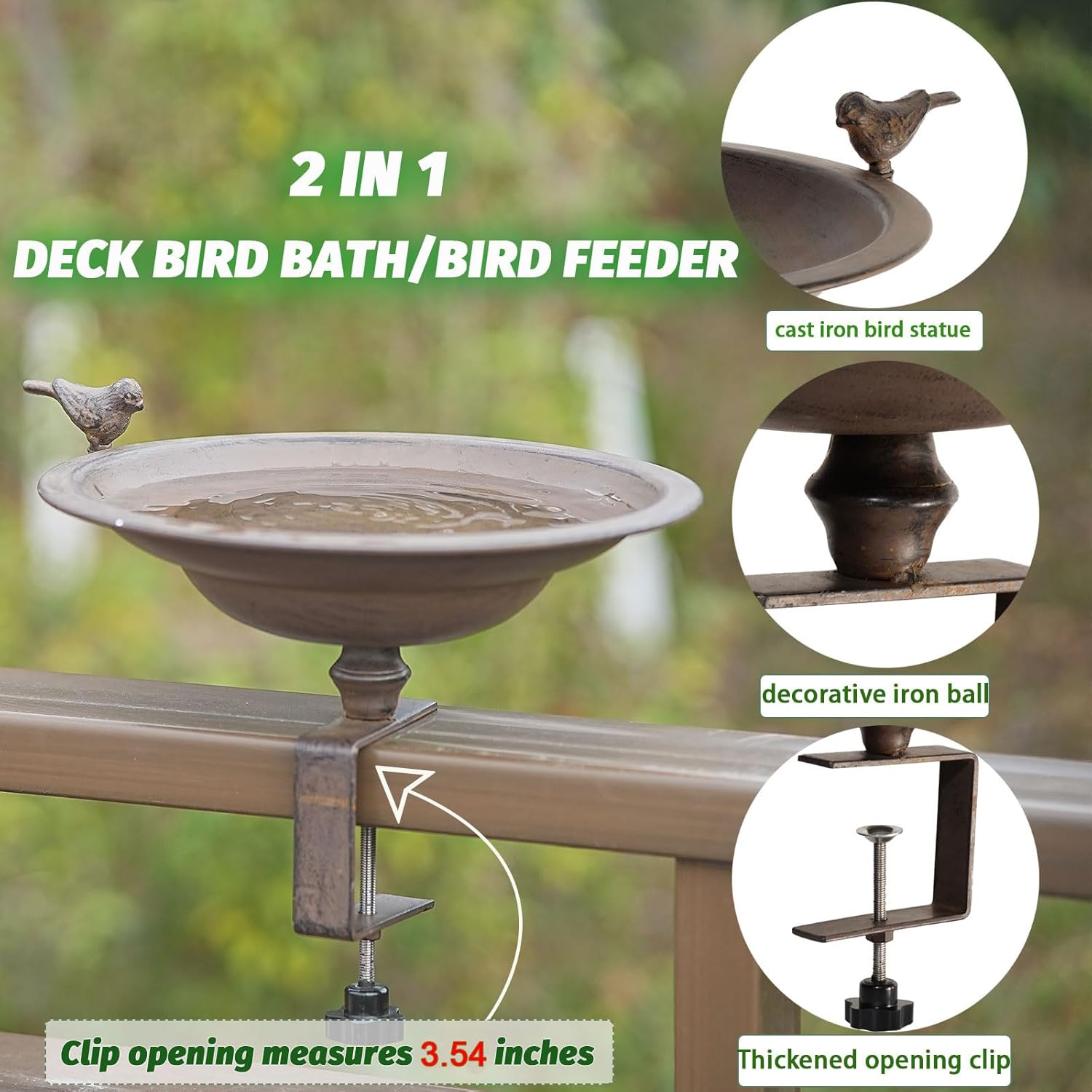 HLQMFHT 12.2 Inchs Diam Deck Bird Bath,Metal Bird Bath for Deck Railing,Bird Bath Deck with Removable Sturdy Steel Clamp, Outdoor Garden Decor