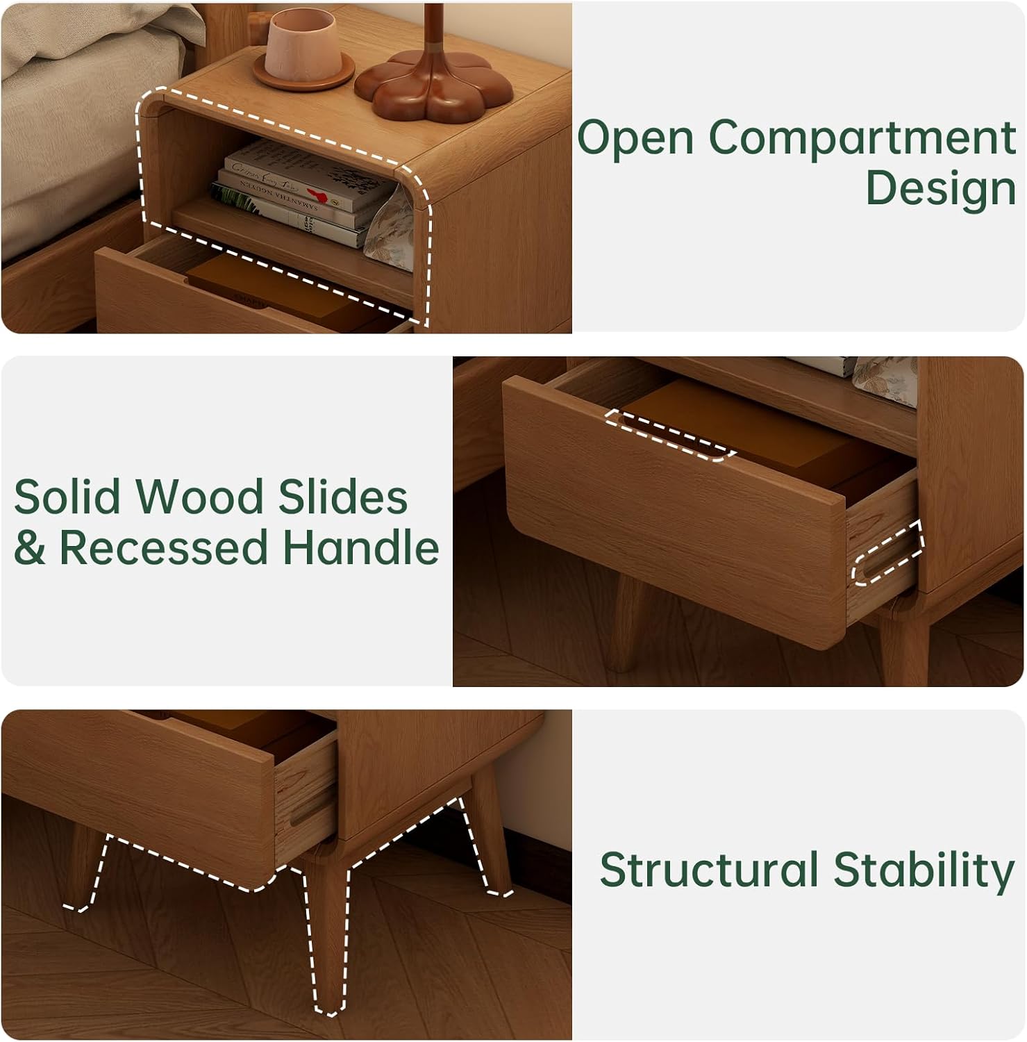 Solid Wood Nightstand - Mid Century Modern Oak