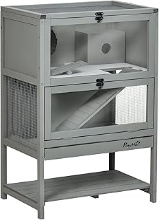 PawHut Jaula de madera para hámster con estante de almacenamiento, hábitat grande para ratones con balancín, jaula para animales pequeños con bandeja deslizante, rampa ancha para carreras, rueda de