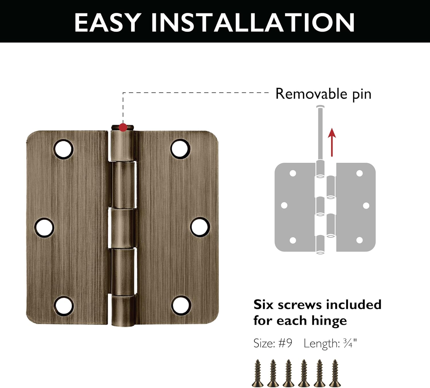 Design House Door Hinges for Interior Doors 6-Pack 3.5-inch x 3.5-inch – Rounded 1/4-inch Radius Steel Door Hinge – Antique Brass – Fits Standard Doors – Design House 188383