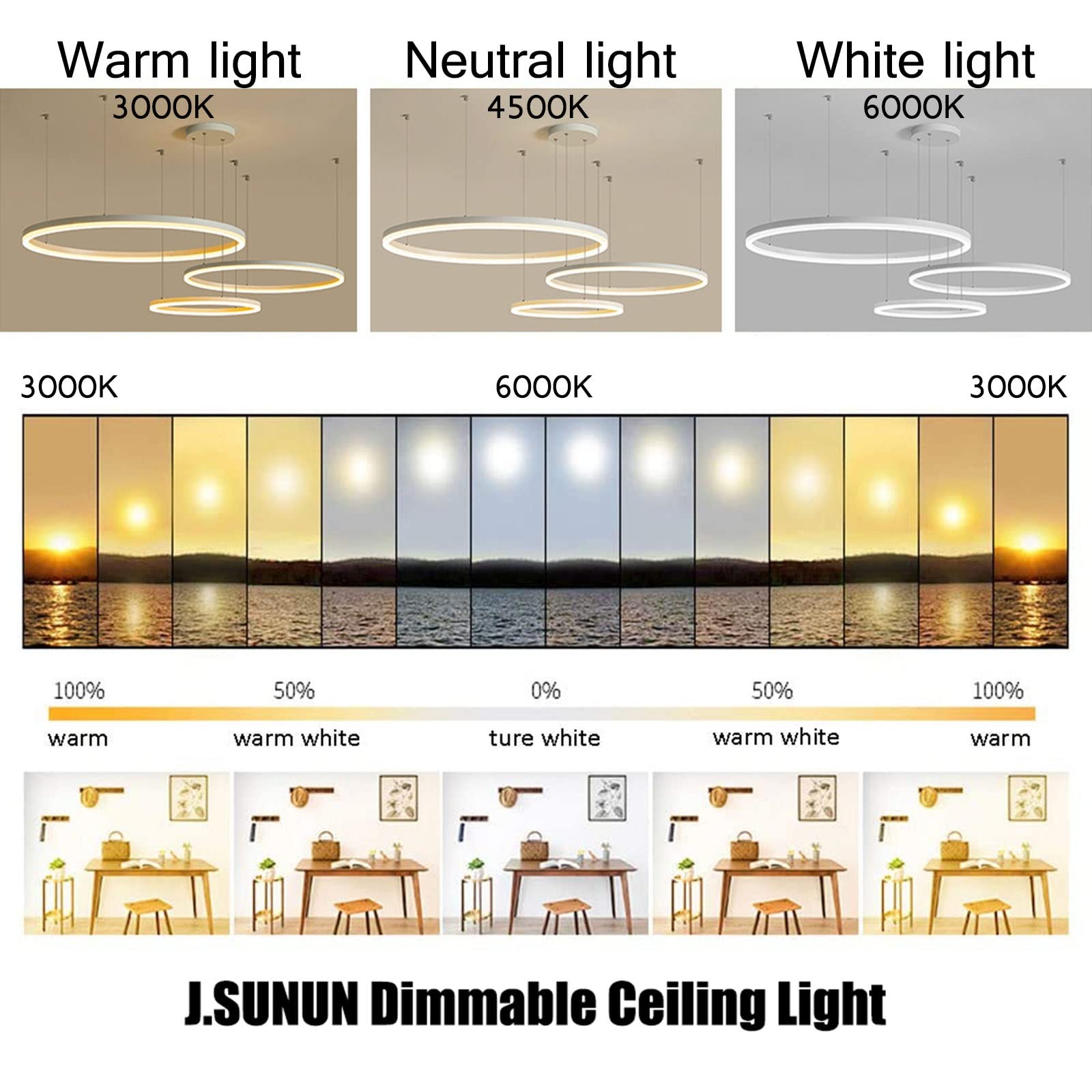 CUNTO Lampadari moderni a 3 anelli Lampada a sospensione a LED dimmerabile con telecomando Plafoniera a LED in metallo a 3 colori Lampada a sospensione Plafoniere Interessante