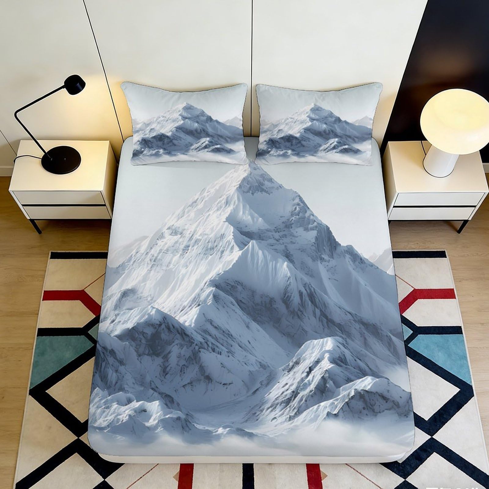 3D Printed Mountain Peak Fitted Sheet Microfiber Soft Breathable Snowy Summit Bed Cover for Bedroom Dormitory Guest Room Mattress Protection Decor 140x200x25cm