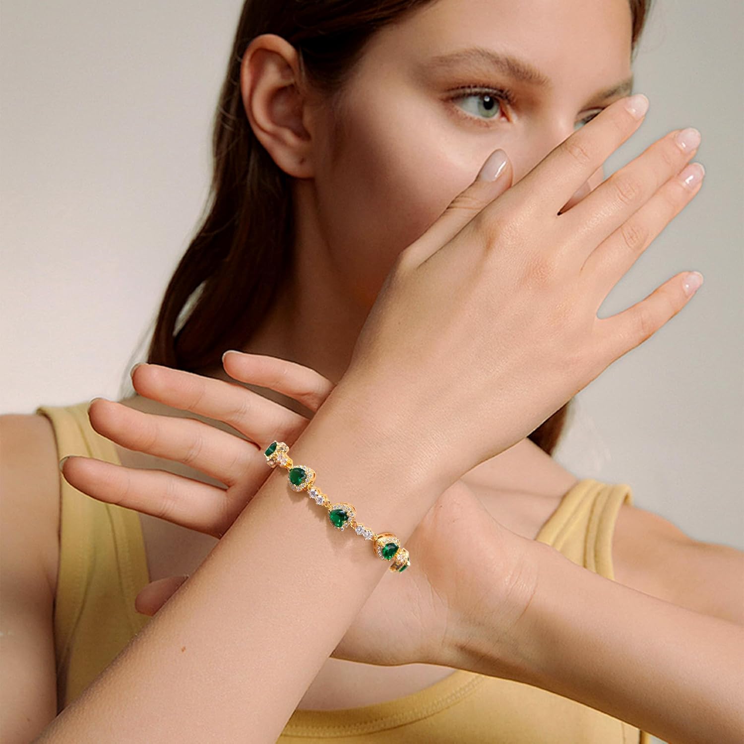 Birthstone Bracelets for Women 925 Sterling Silver Heart Charm Created Gemstone Cubic Zirconia Bangle Tennis Bracelet Jewelry Anniversary Birthday for Mom Wife (GS-AX-GREEN) - Image 7