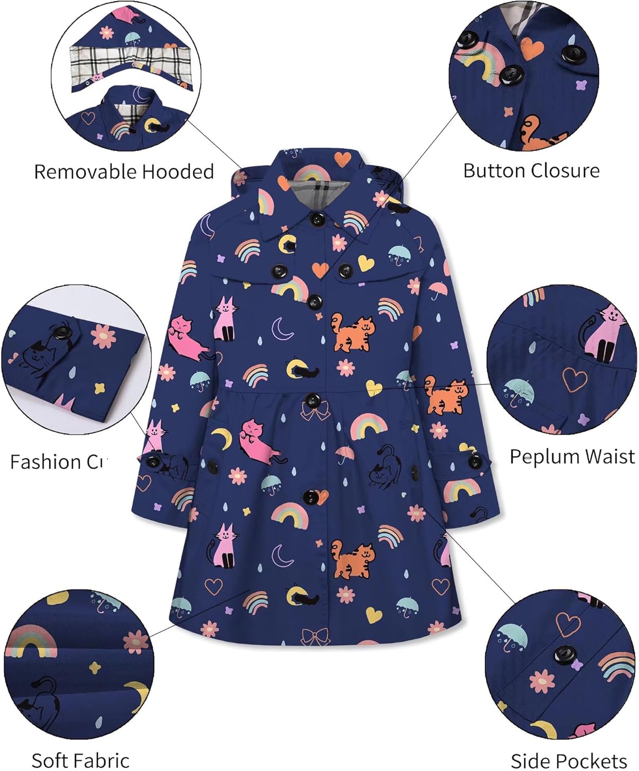 Betusline Girl's Hooded Rain Jackets Lightweight Print Waterproof Trench Coat Windbreaker Raincoats for Girls,2-14 Years