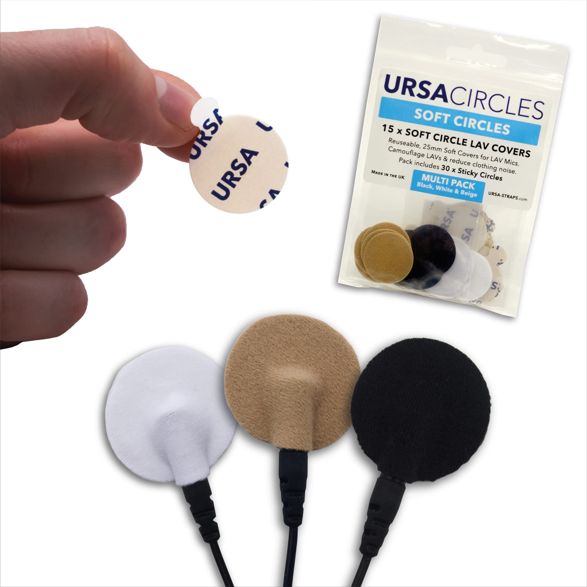 URSA Soft Circles: Reusable Soft Covers That Provide a Shield Against the Wind and Camouflage for Lavalier Mics. (15x Soft Circles + 30x Stickies, MultiPack)