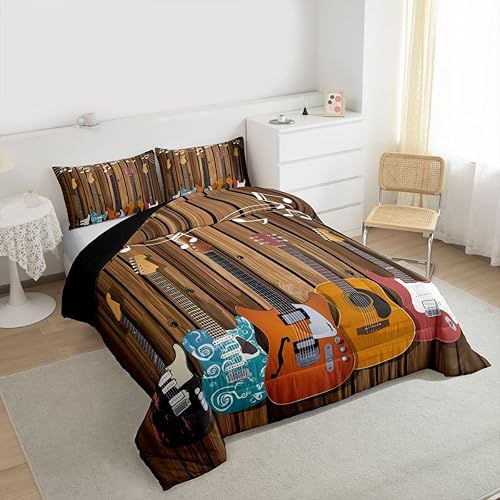 Miniatura 3 de Erosebridal Juego de ropa de cama de guitarra, tamaño Queen, juego de edredón de música hiphop rock, hippie, rock, notas musicales, edredón de Multi