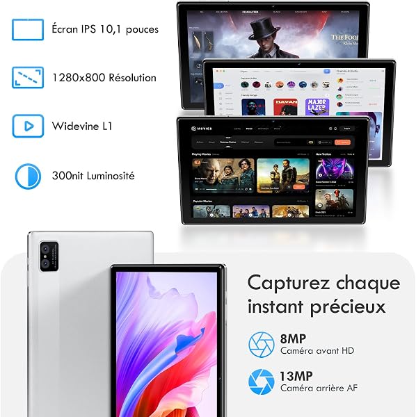 Tablette 10 Pouces, Android 15, 20Go RAM + 128Go ROM(1 to Extensible) 8580 mAh Batterie, Octo-Cœur 5G WiFi Tablette Tactile, 5+13MP Caméra, Bluetooth, (Argent) - 5