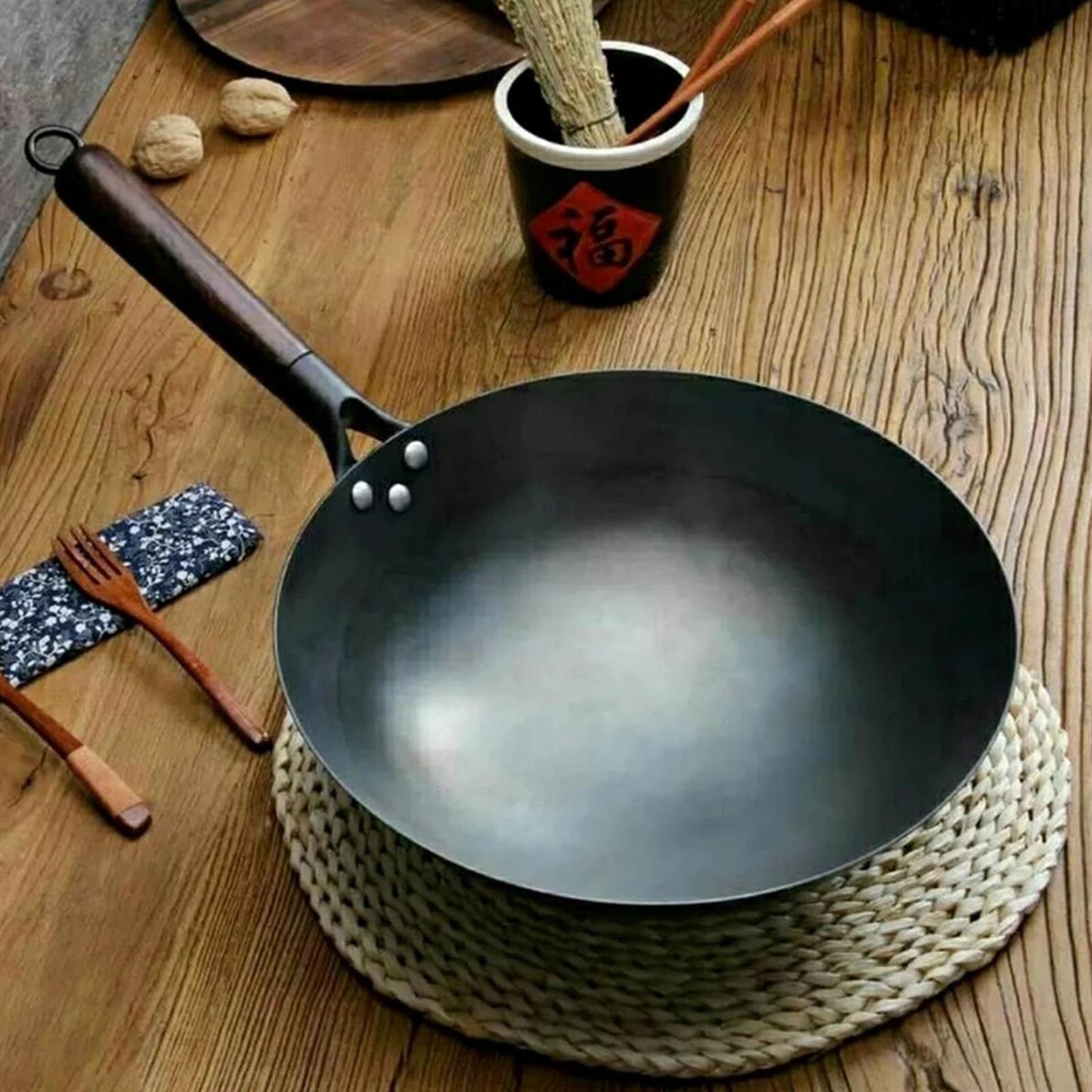 Vnook Woks aus Gusseisen, handgehämmerte Woks aus Eisen, Mehrzweck-Woks aus Gusseisen, Bratpfannen, keine Beschichtung, antihaftbeschichteter Topf for Elektro-/Induktions-/Gasherde(34cm)