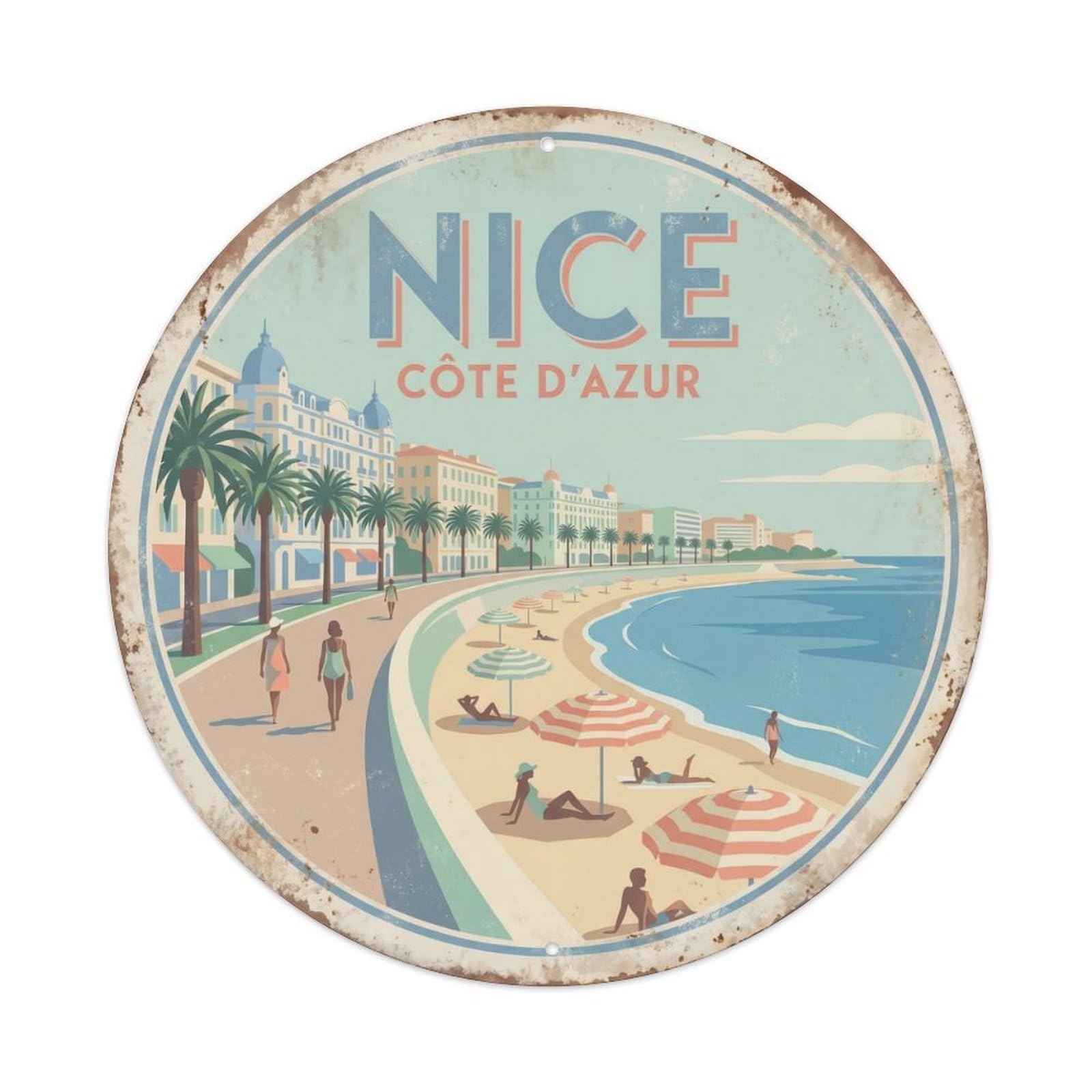 Vintage Travel Nice Promenade Coastal Metal Tin Sign Plaque Wall Decor for Cafe, Club Bar, Office, Home Garden Round Metal Poster 8x8Inch