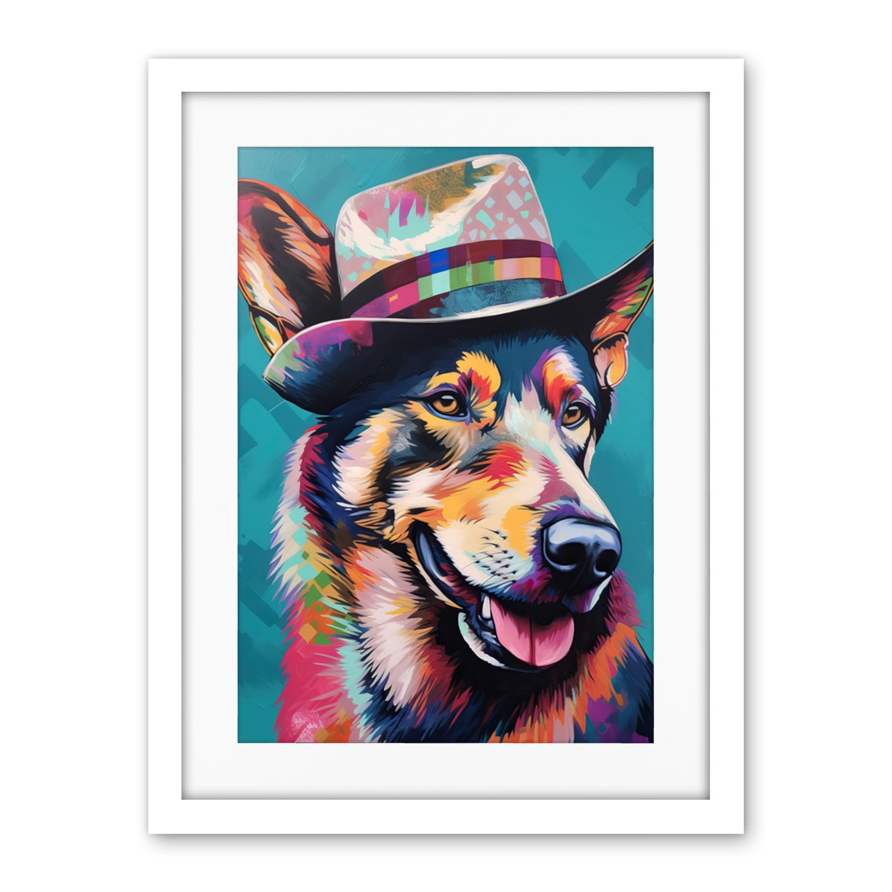 Artery8 German Shepherd with Fedora Hat Vibrant Portrait Artwork Framed Wall Art Print 18X24 Inch