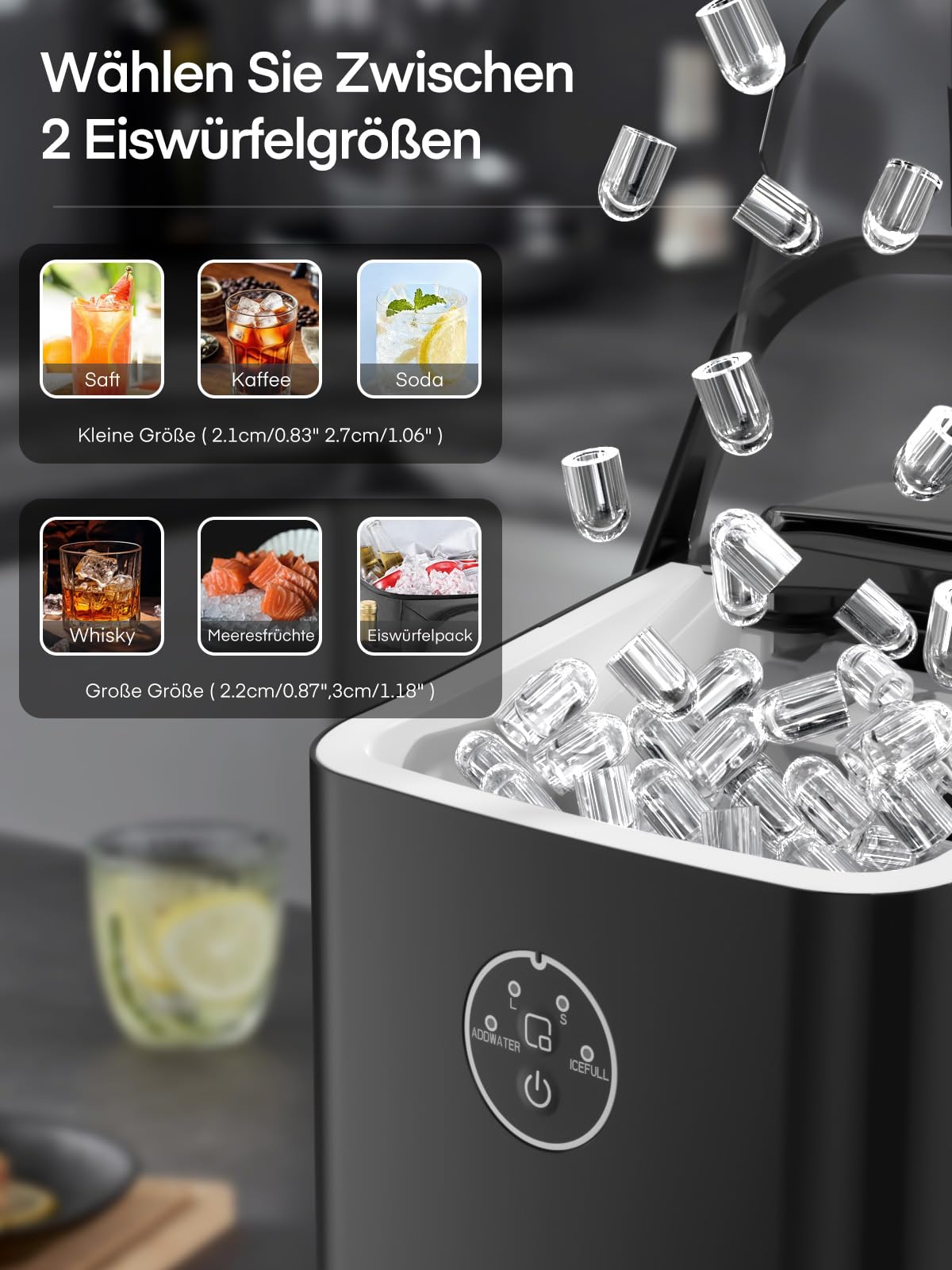 FOHERE Eiswürfelmaschine 14kg 24h Bullet Ice 2 Größen Selbstreinigend Ice Maker Party Büro RV Tiefschwarz