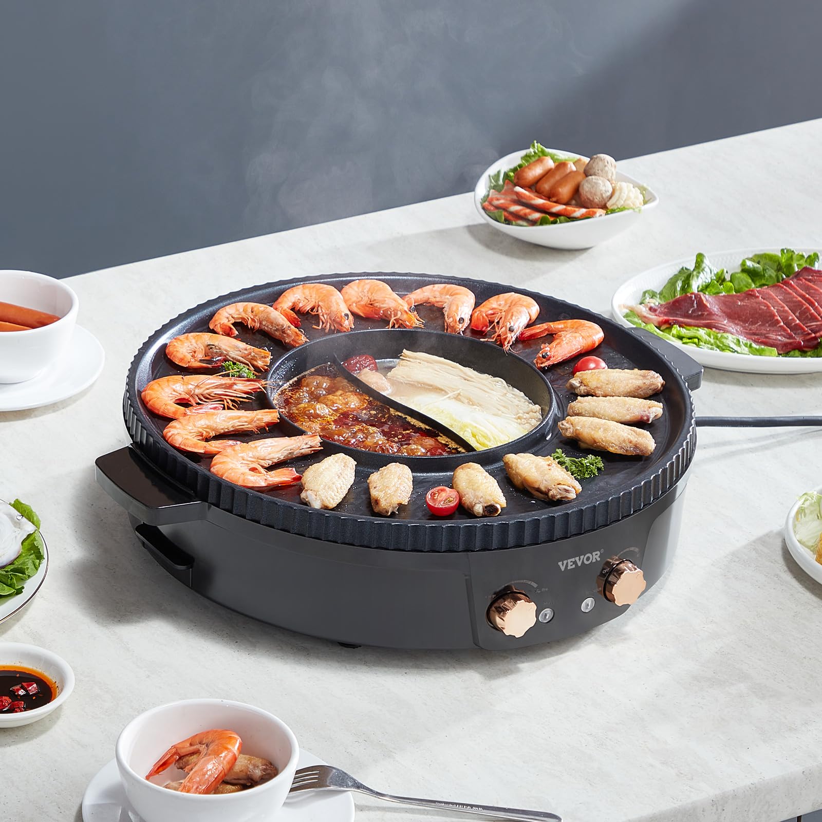 VEVOR Appareil à Fondue Chinoise avec Gril 2-en-1, Hot Pot Électrique 1800 W, Fondue Électrique avec Double Contrôle de Température Séparé, Poêle Antiadhésive, pour Barbecue Coréen Shabu Shabu Hotpot