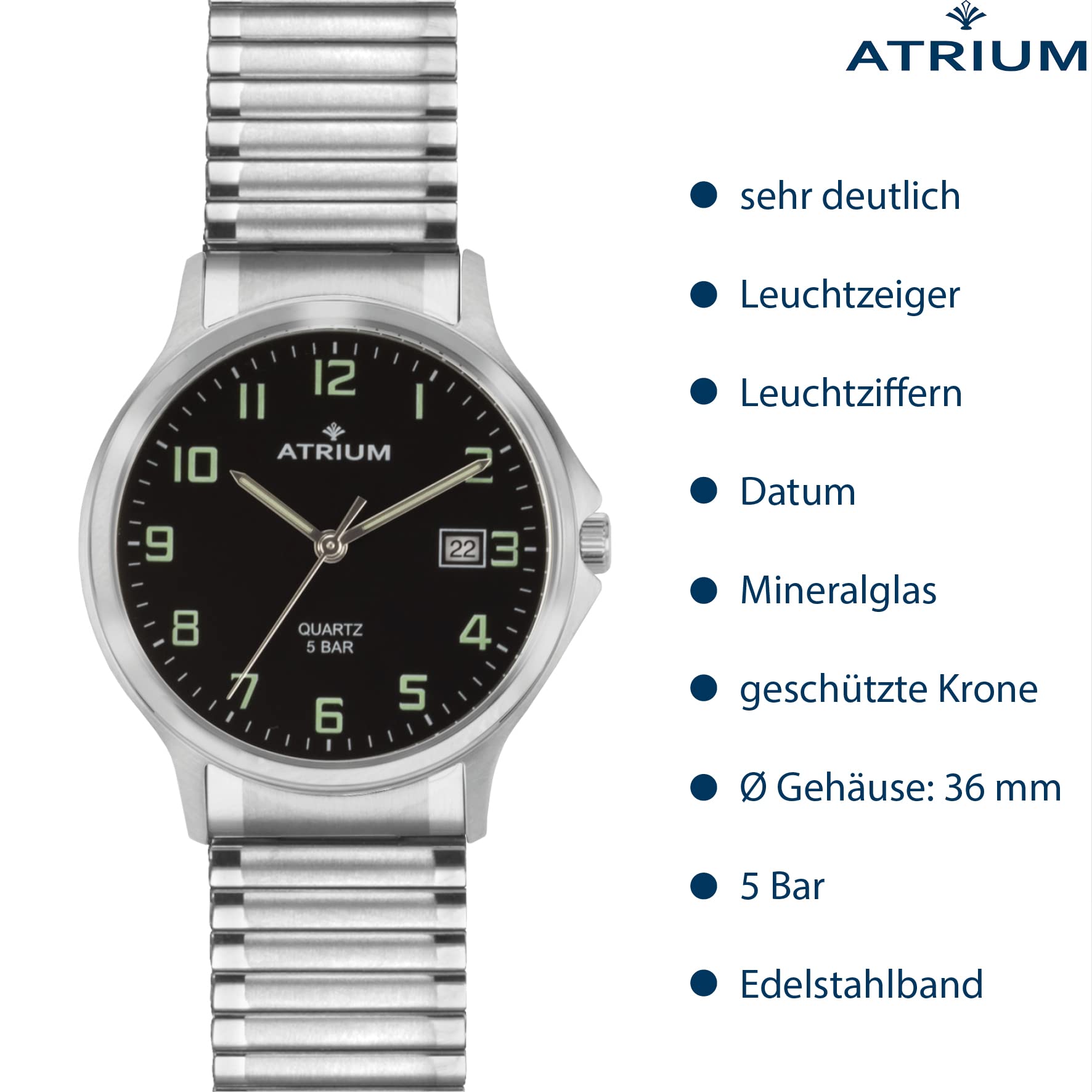 Atrium Herren Armbanduhr Edelstahl Analog Quarz mit Datum Anzeige und Edelstahl Zugband Flexband Silberfarben A12-51
