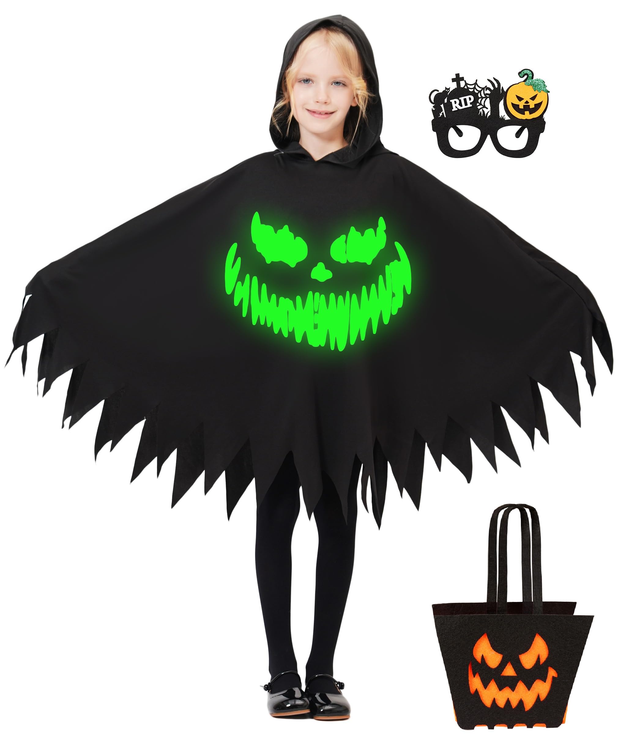 QUJQOM Ghost Costume Kid Boo Bat Costume Toddler Halloween Costume Glow in Dark Hooded Cloak Spooky Trick or Treating Cosplay