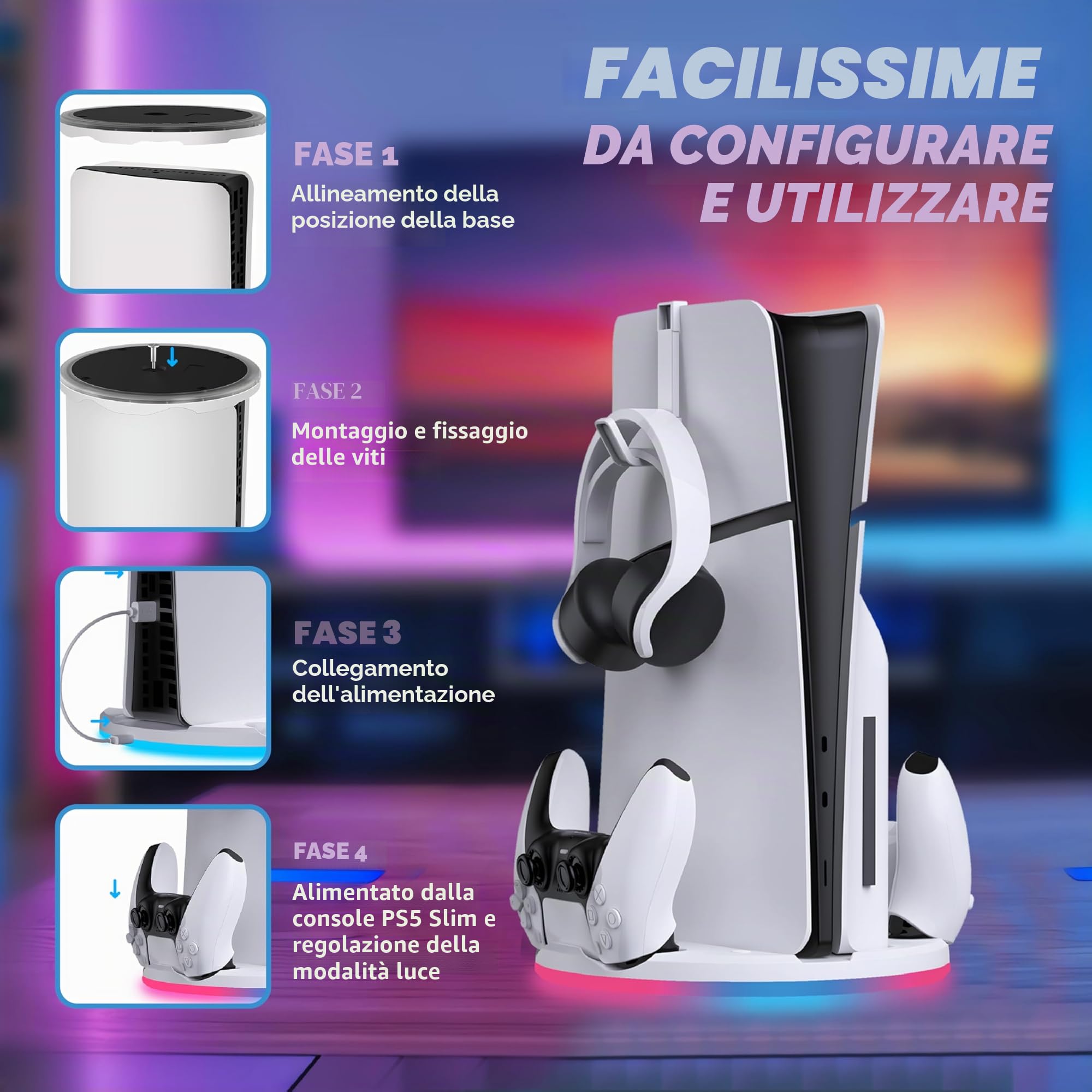 Supporto con caricatore Dual Controller per PS5 Slim - PlayStation 5 - Base di ricarica per Dual Controller e Supporto per Cuffie - Illuminazione RGB - Ricarica rapida - per Dual Sense e
