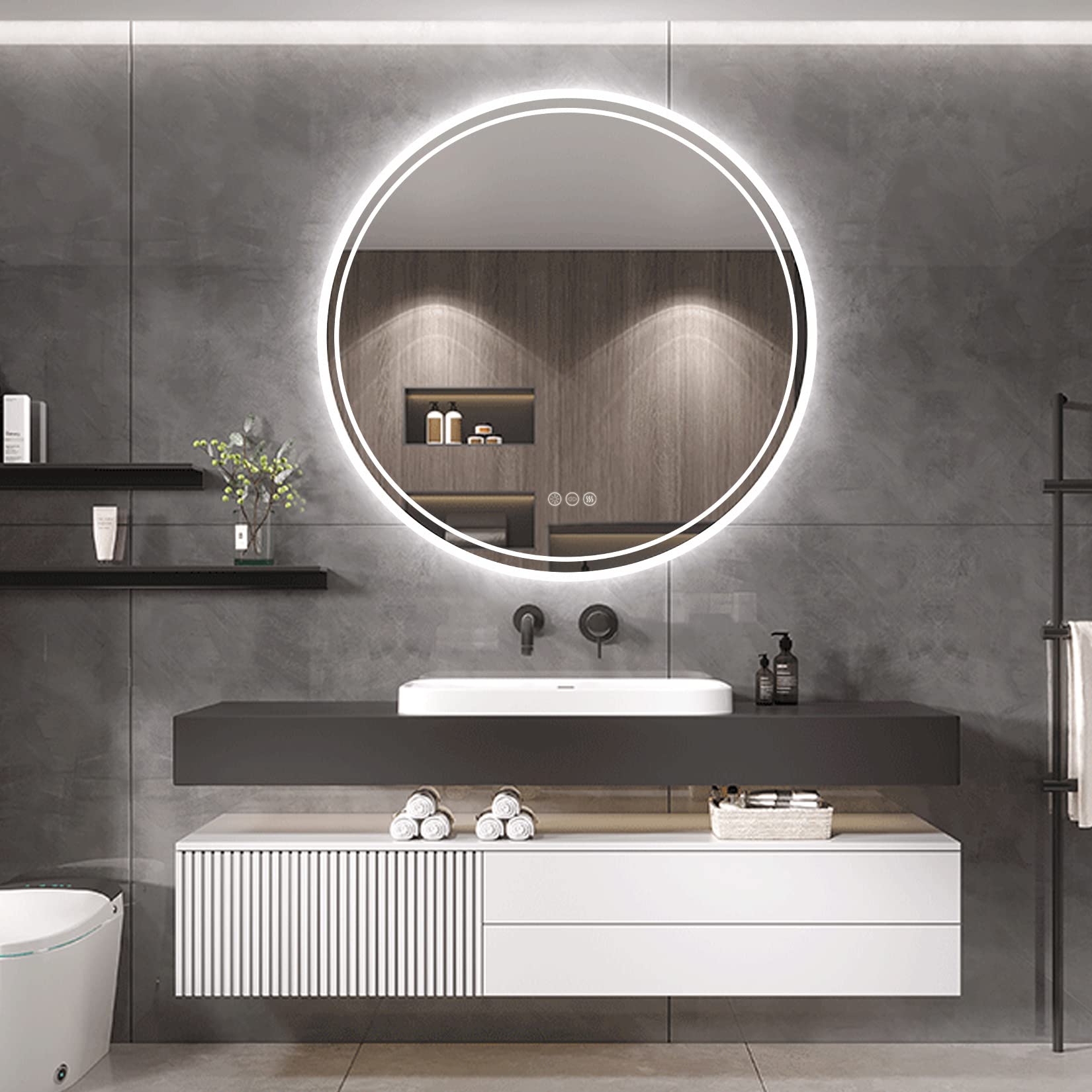 LUVODI LED Bathroom Mirror Round: 600mm Illuminated Dimmable Backlit Lighted Wall Circle Vanity Mirror with Demister Pad + Smart Touch Button Makeup Shaving Mirror