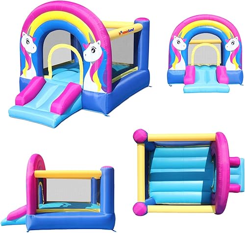 Miniatura 2 de Bounceland Casa inflable de unicornio arcoíris con tobogán, 9.8 pies de largo x 6.8 pies de ancho x 6.5 pies de alto, soplador certificado UL