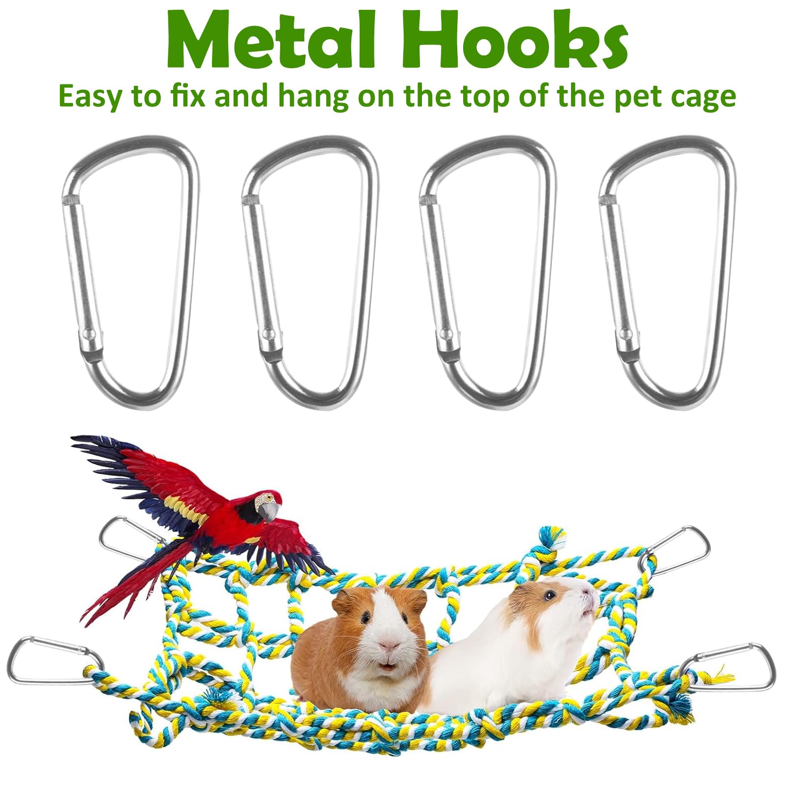 Lot de 2 Filets d’Escalade colorés en Coton pour Petits Animaux – Accessoires pour Cage de Rat avec 4 Crochets – hamac pour Rat, Perroquet, Hamster et Furet – Filet Suspendu Durable et Lavable