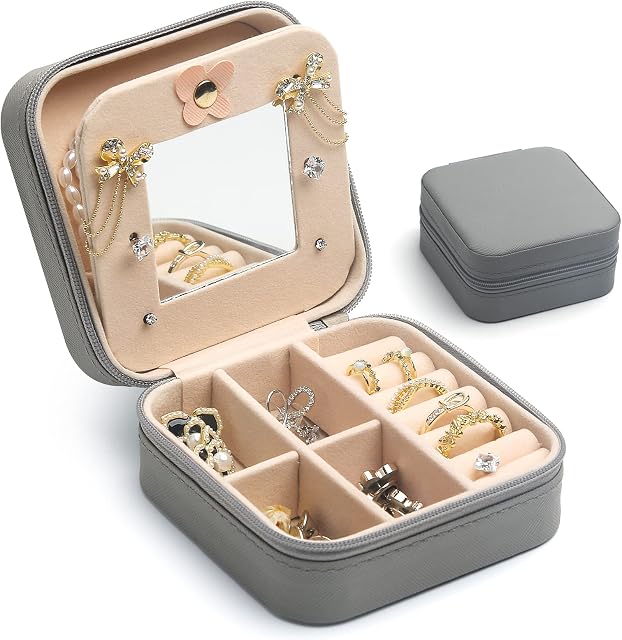 Jewellery Box, Small Travel PU Leather Jewelry Storage Case for Rings Necklace With Mirror, Portable Velvet Lining Jewellery Case Storage Boxes for Earrings Bracelets Gifts for Girls Women (Grey)