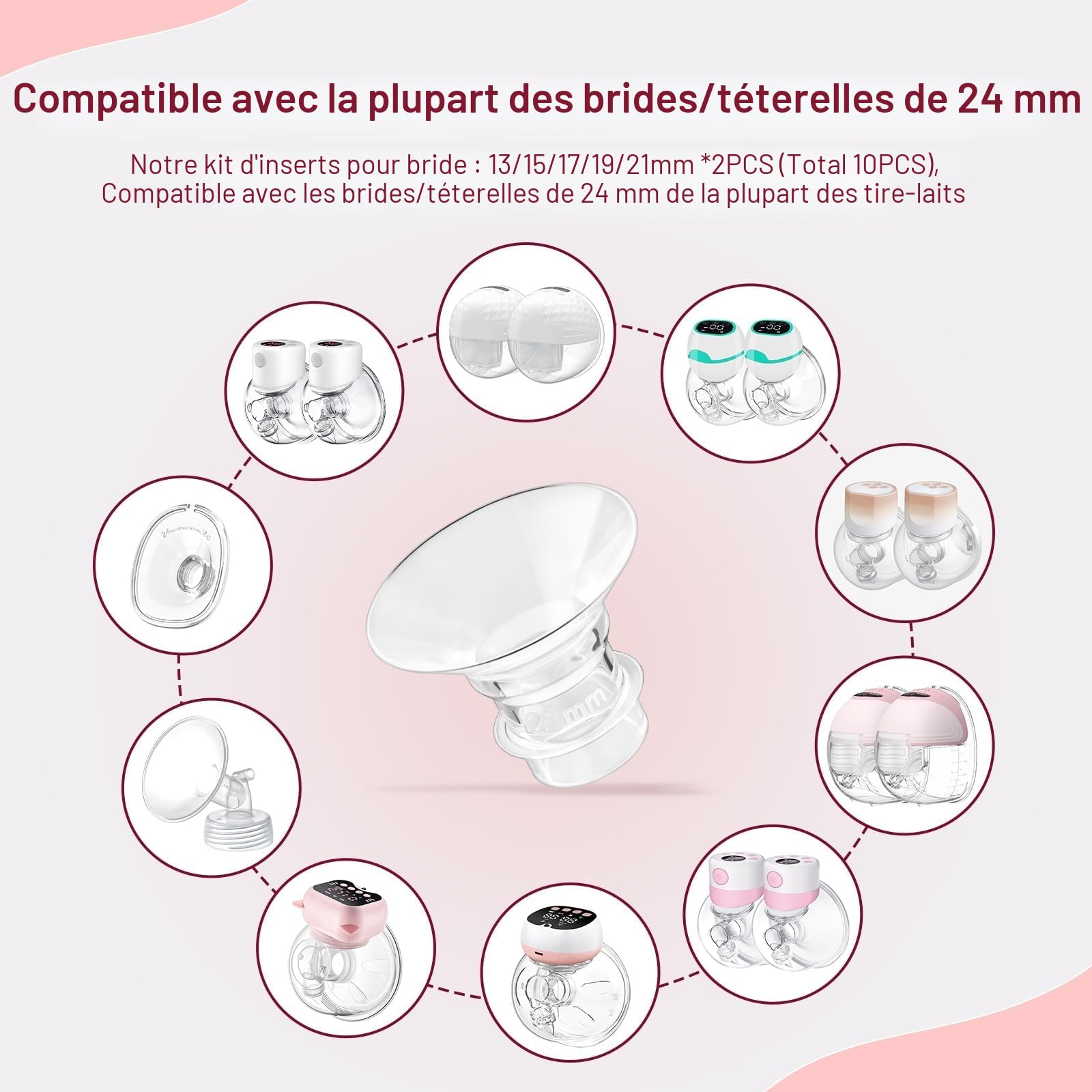 10 PCS Inserts de Bride 13/15/17/19/21mm, Accessoires D'allaitement Compatibles Avec la Plupart Des Pompes à Lait Électriques Et Manuelles, Avec Brosse De Nettoyage Et Carte De Mesure Pour Mamelons