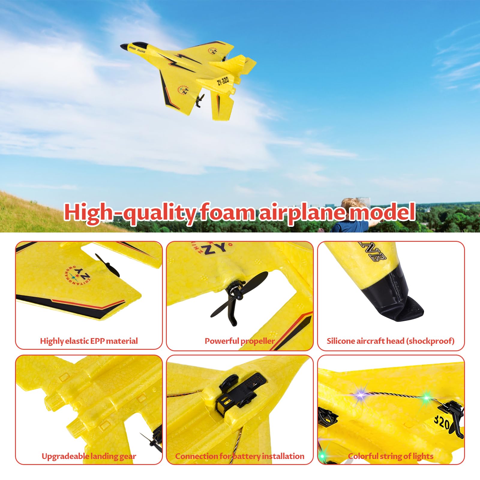 2 Canaux Avion Télécommandé, 2,4 GHz Avion RC avec LED, Facile à Piloter pour Les Enfants et Les Débutants, Chargement USB, Jaune