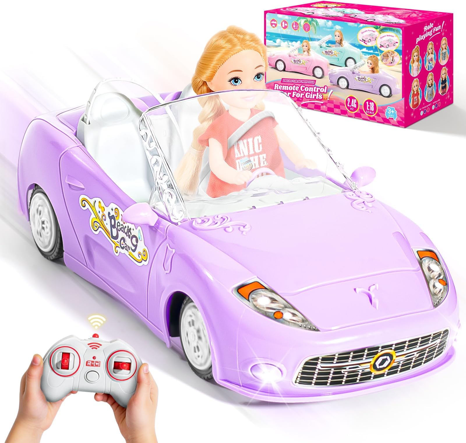 Purple Remote Control Car for Girls, 1:18 Scale RC Cars with LED Light, 2.4 GHZ Pink Truck Toy for Toddlers Kids, Birthday R/C Toys for Boys Girls Aged 4-7 (Batteries Not Included)