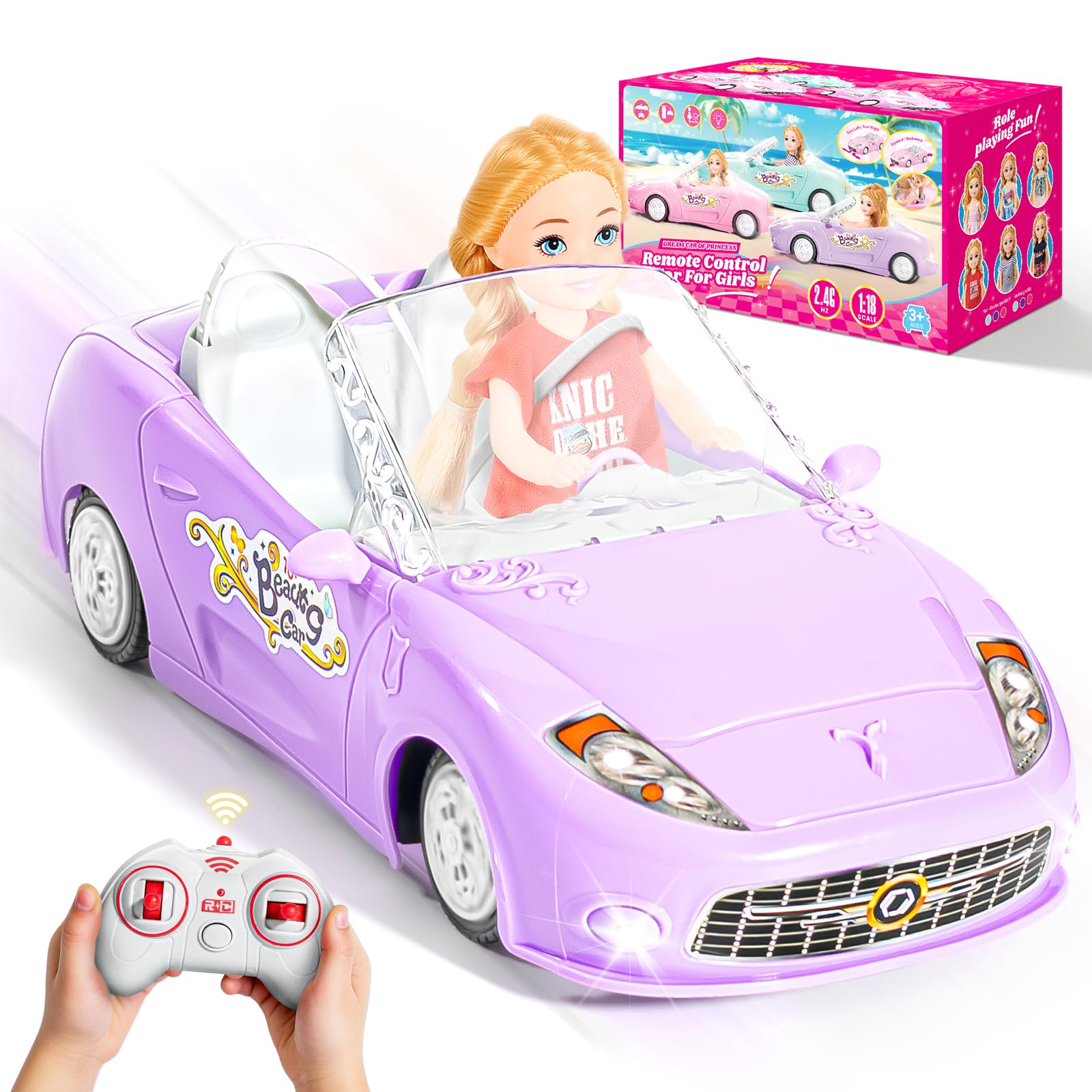 Purple Remote Control Car for Girls, 1:18 Scale RC Cars with LED Light, 2.4 GHZ Pink Truck Toy for Toddlers Kids, Birthday R/C Toys for Boys Girls Aged 4-7 (Batteries Not Included)