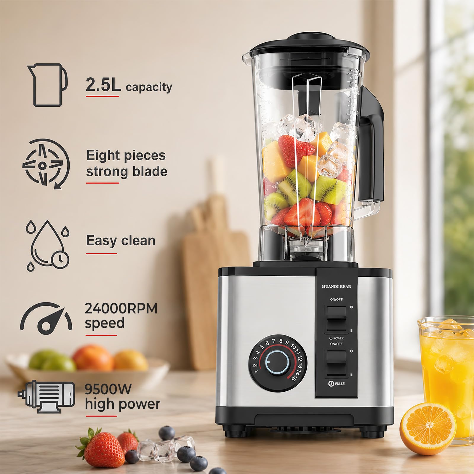 Frullatore multifunzione, frullatore per succhi e frullati 2 in 1, 15 velocità, 2 caraffe (2,5 l + 0,5 l), lame in acciaio inox, trita rapidamente ghiaccio e frutta congelata (2 in 1 B)