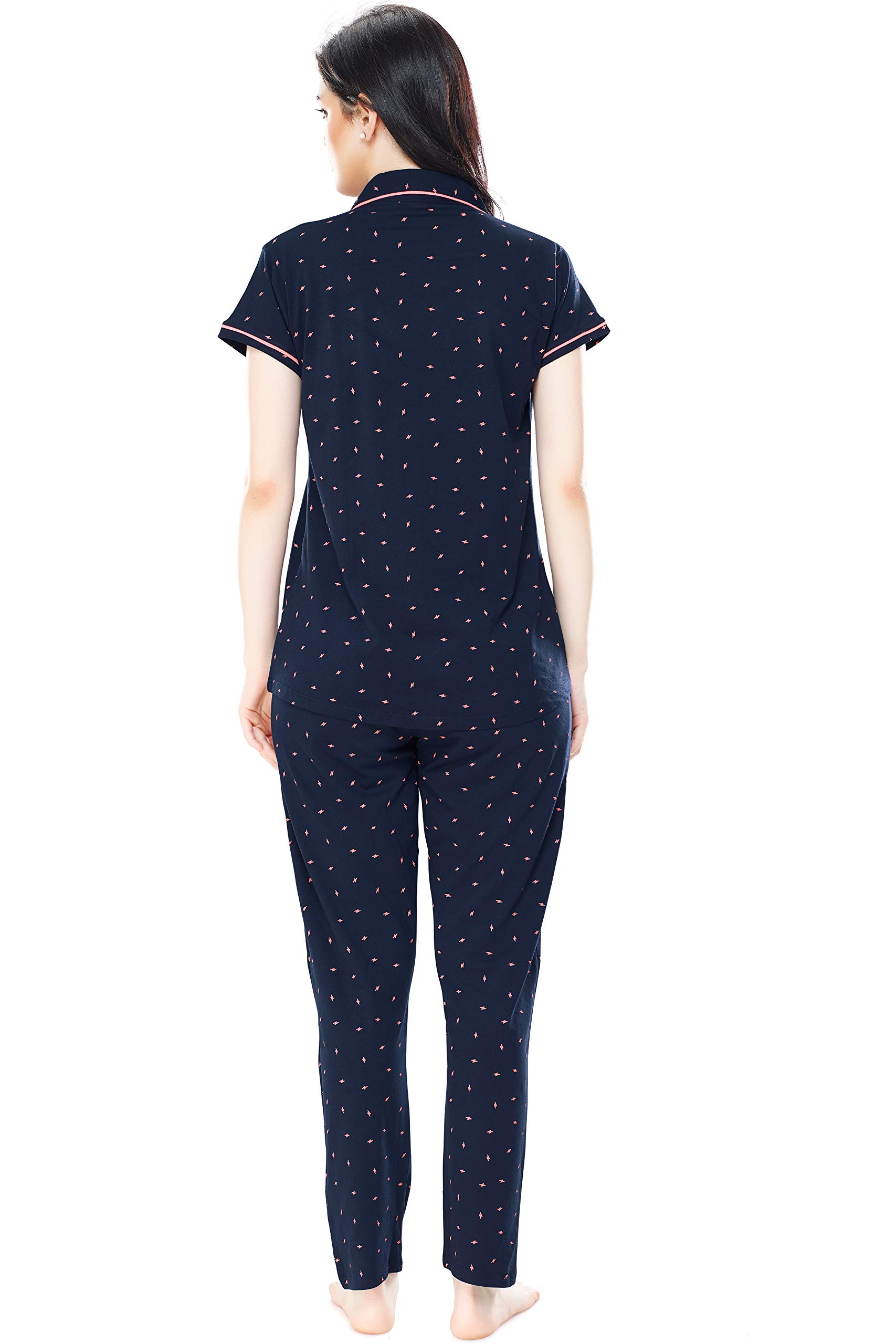 ZEYO Women's Cotton Flash Printed Navy Blue Night Suit Shirt & Pajama Set 5251 (Medium) - Image 3 thumbnail