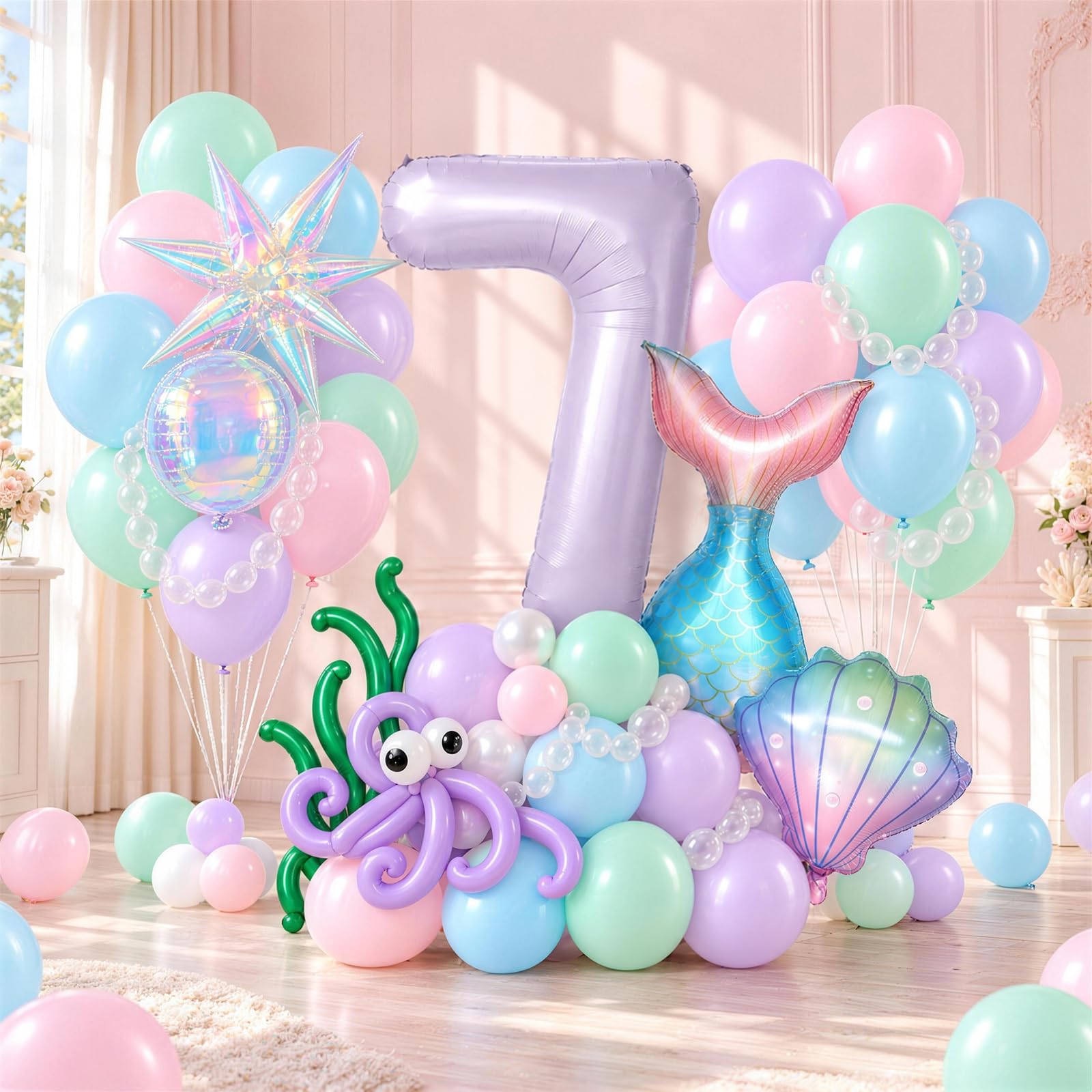 Mermaid 7th Birthday Decor Girls, Pink Purple Blue 40 In Number 7 Balloon