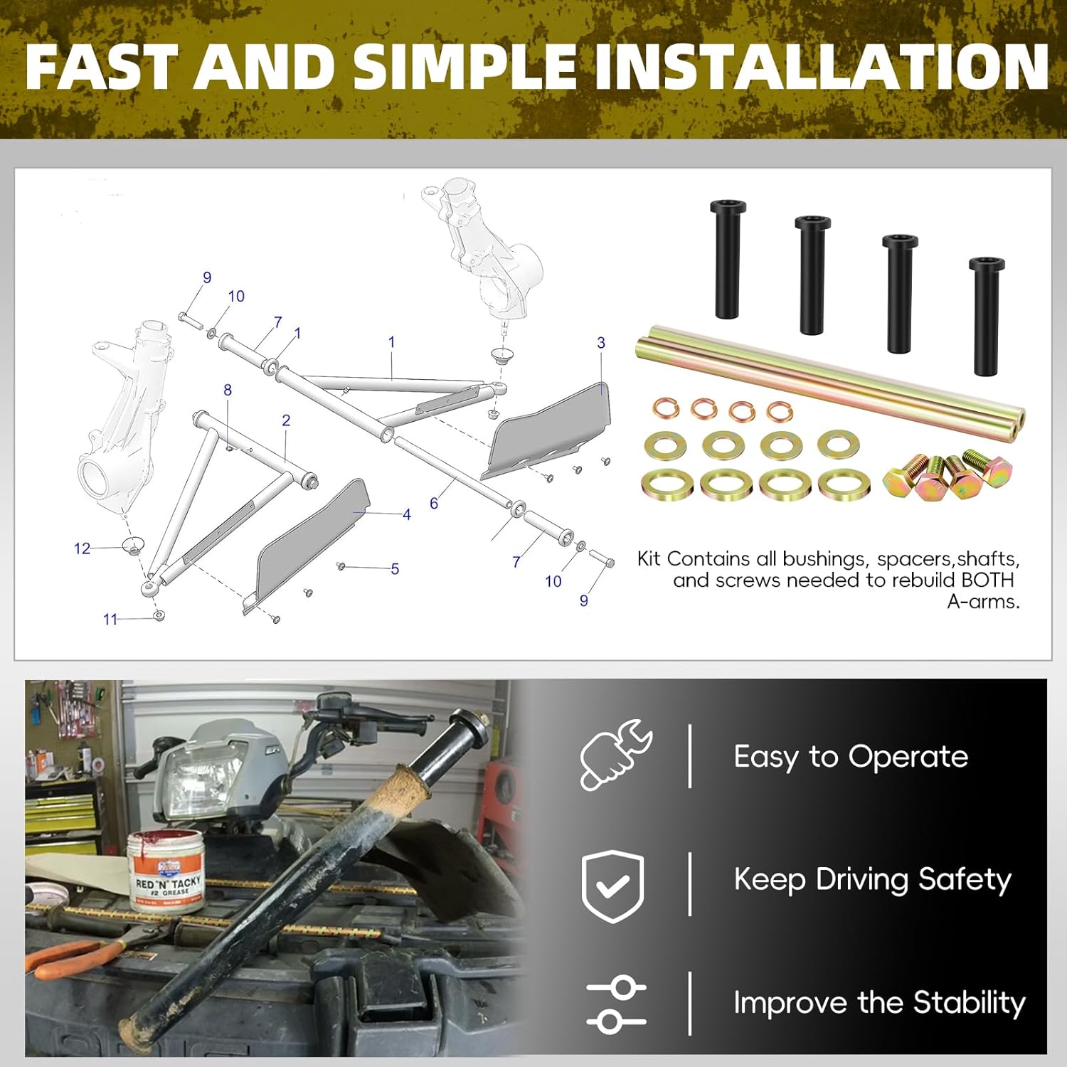 Upgraded Front Lower A-ARM Bushing Shaft Kit 7501093 for Polaris Sportsman 400 500 570 600 700 800,Trail Blazer 250 330 400, etc. Front Lower A Arm Bushings Kit w/Shaft